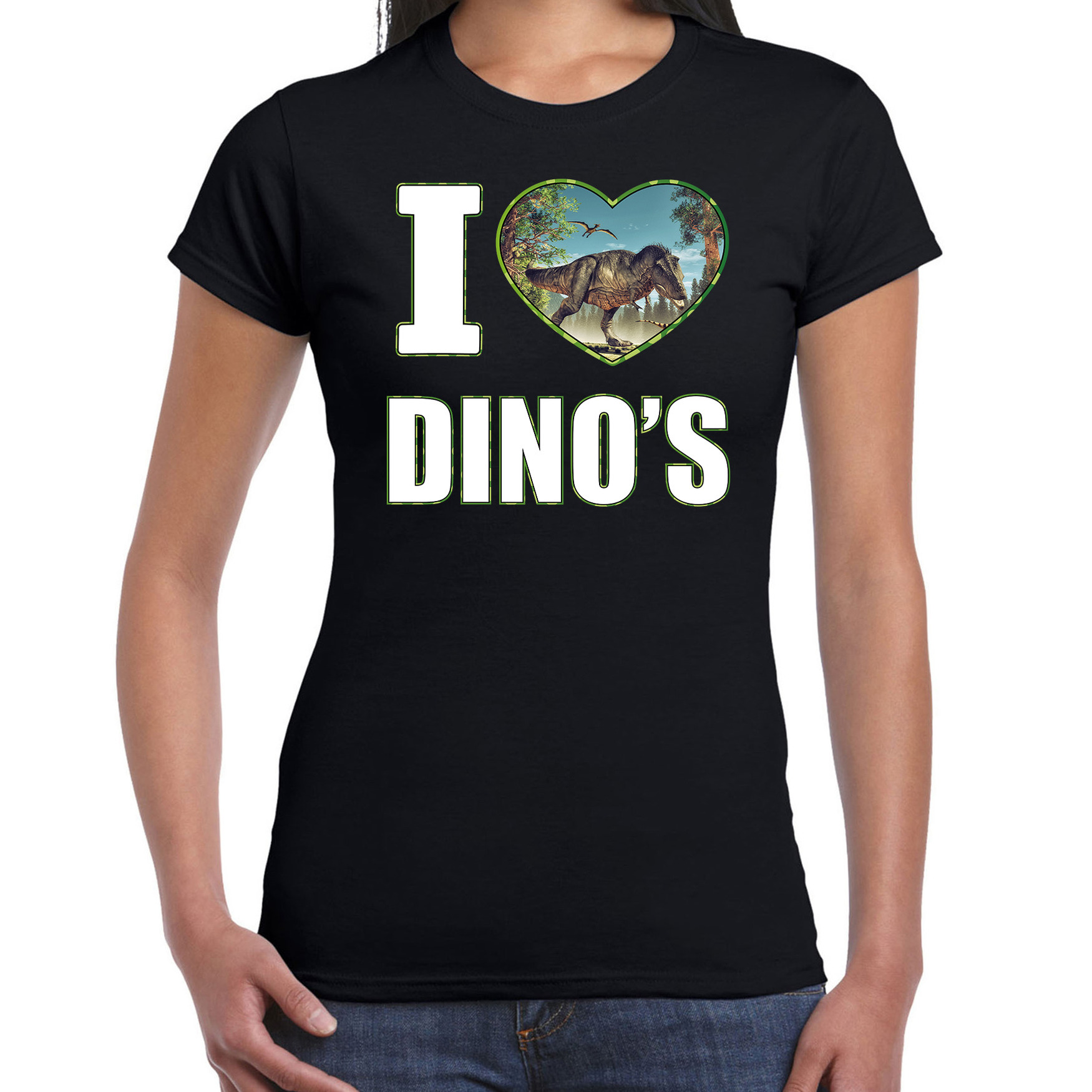 I love dino's t-shirt met dieren foto van een T-Rex dinosaurus zwart voor dames