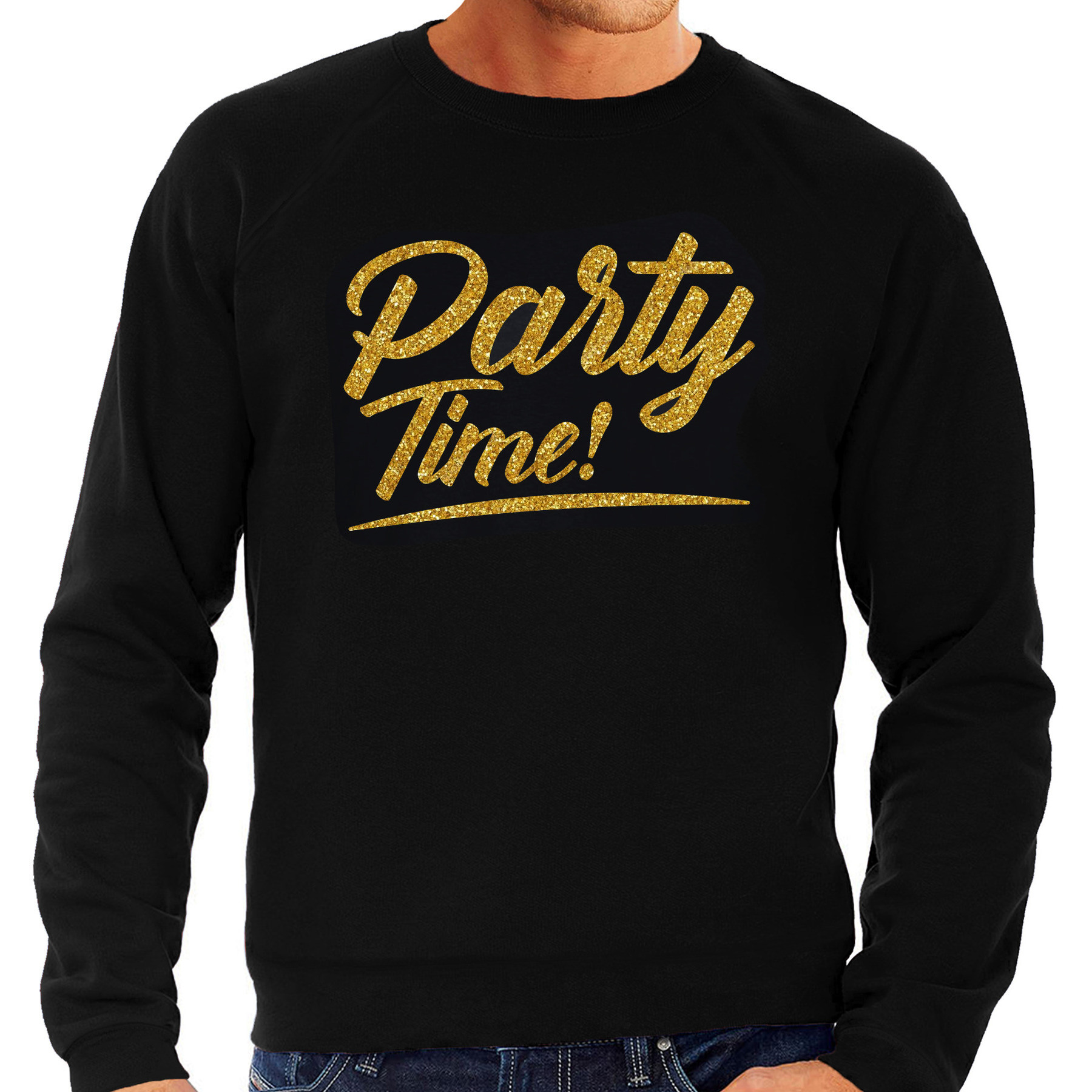 Party time - gouden letters - sweater - zwart - heren - Glitter en Glamour thema - party kleding
