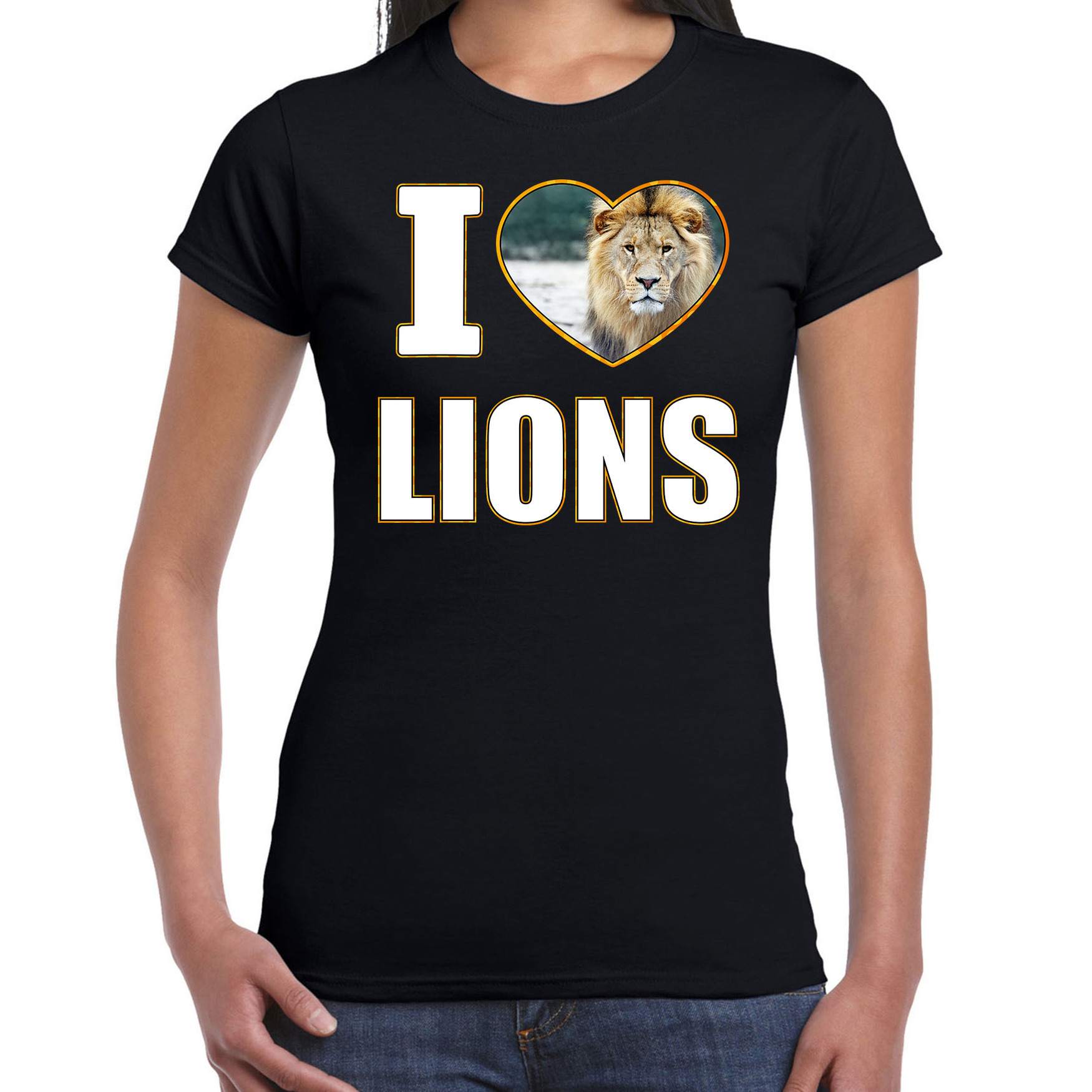 I love lions t-shirt met dieren foto van een leeuw zwart voor dames