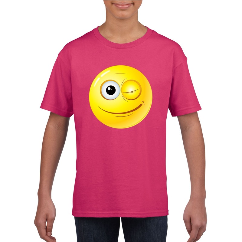 Emoticon t-shirt knipoog roze kinderen