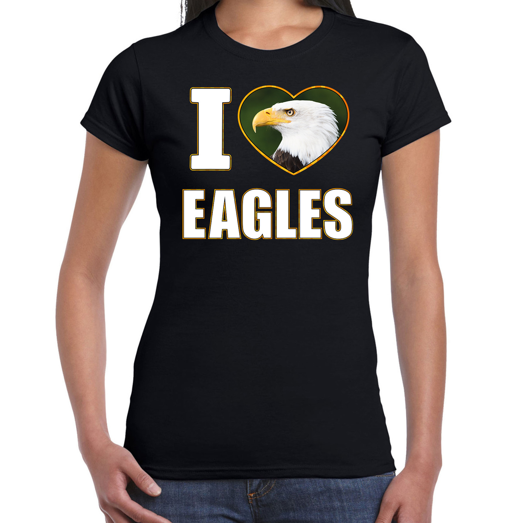 I love eagles t-shirt met dieren foto van een amerikaanse zeearend zwart voor dames
