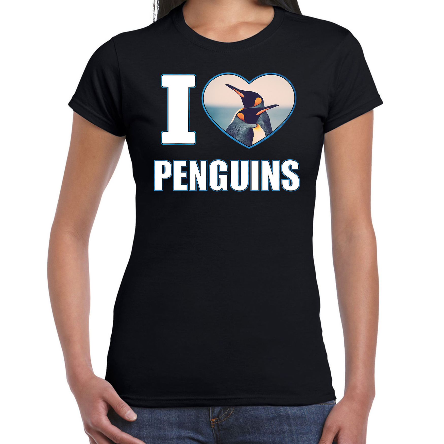 I love penguins t-shirt met dieren foto van een pinguin zwart voor dames