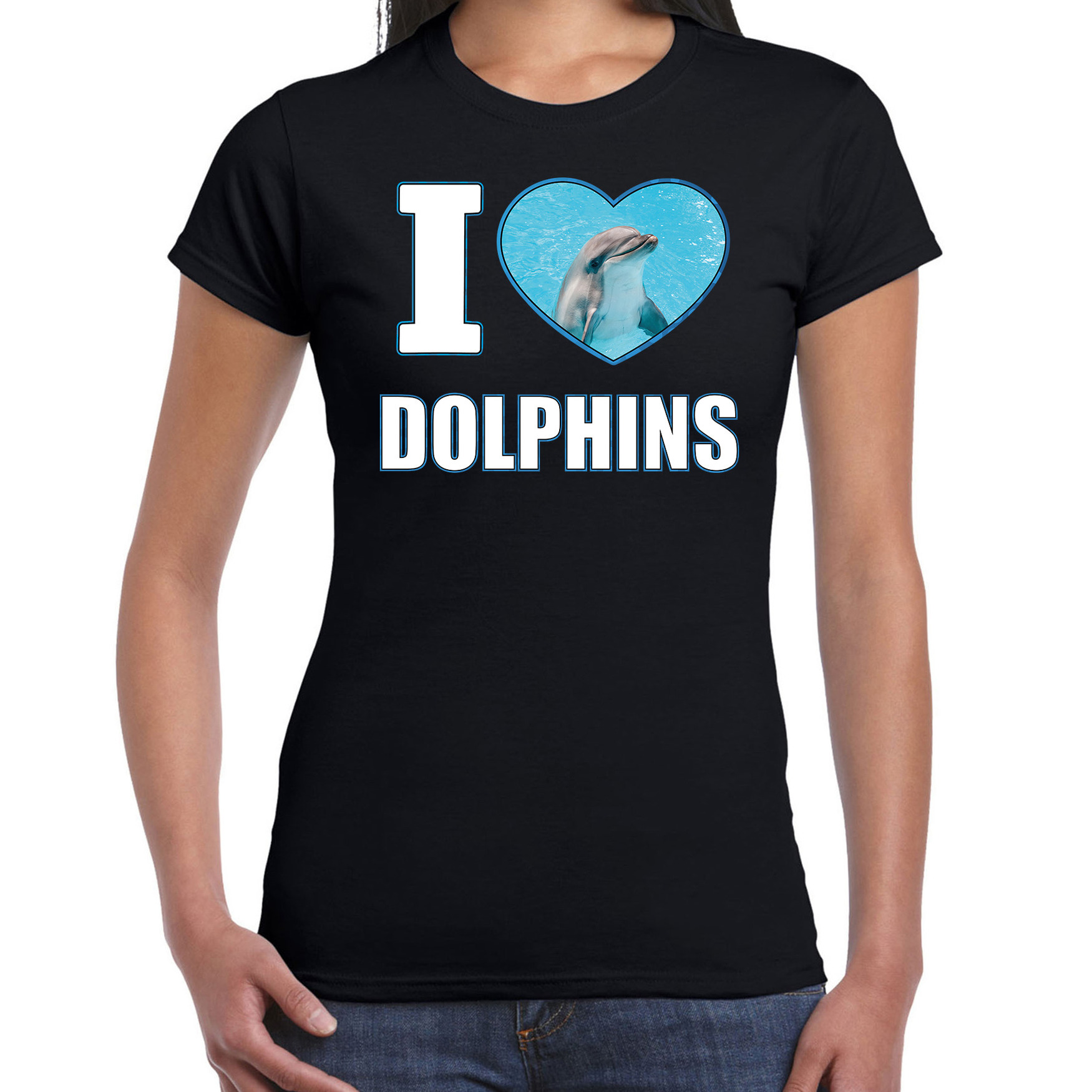 I love dolphins t-shirt met dieren foto van een dolfijn zwart voor dames