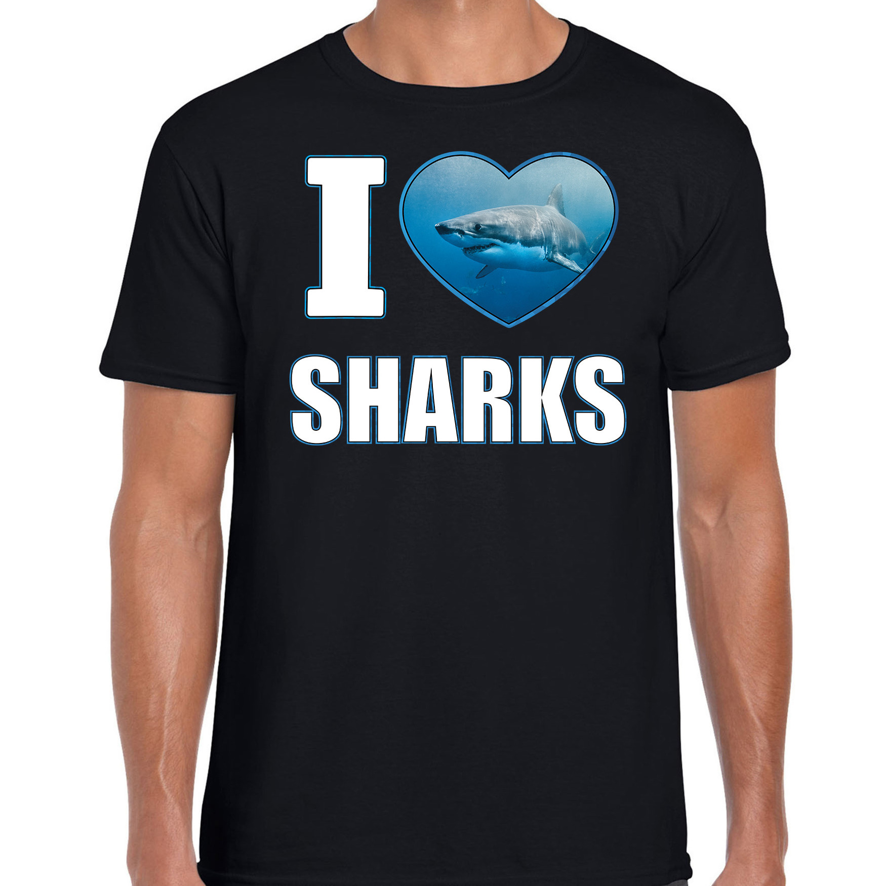 I love sharks t-shirt met dieren foto van een haai zwart voor heren