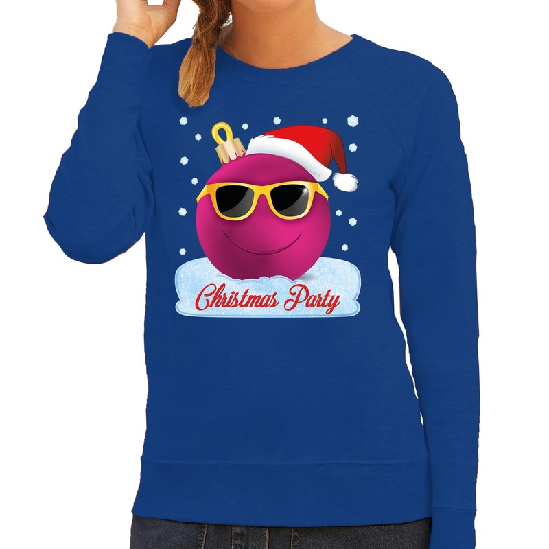 Foute kersttrui - sweater - blauw - Chirstmas party - roze coole kerstbal - voor dames
