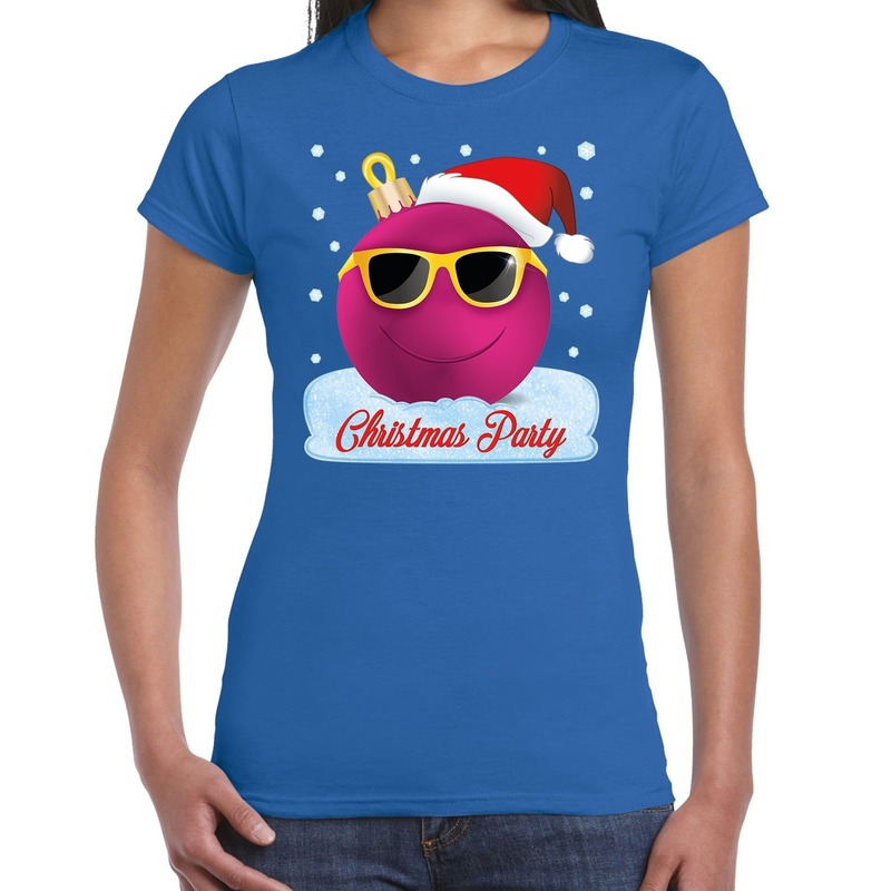 Fout kerst print t-shirt - blauw - Chirstmas party - roze coole kerstbal - dames