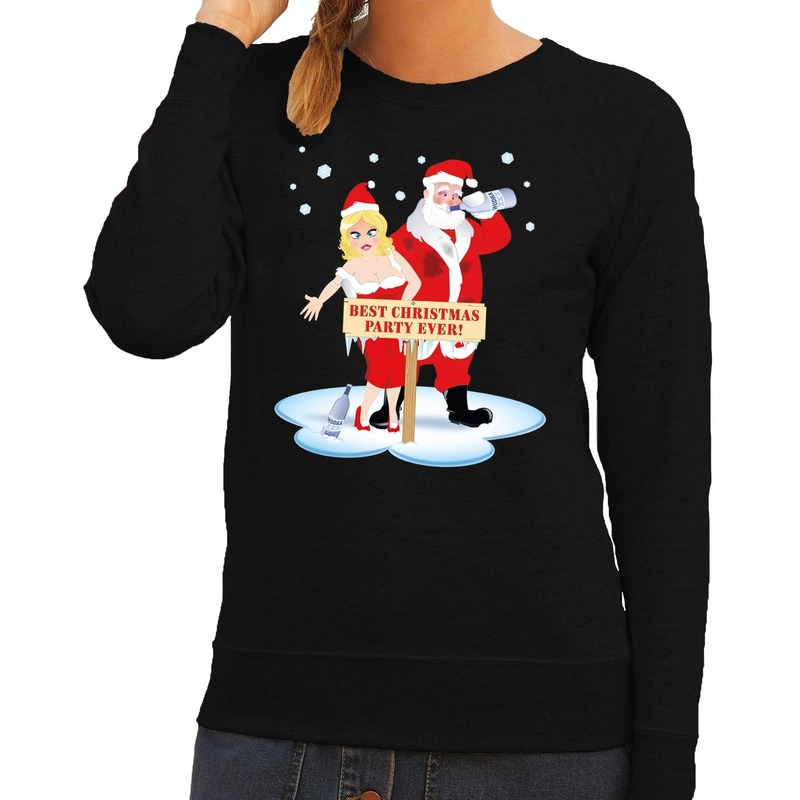Foute kersttrui - sweater - dronken kerstman en kerstvrouw - na kerstborrel - zwart - dames