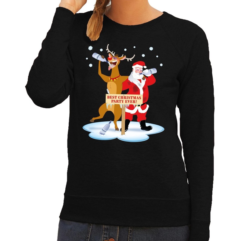 Foute kersttrui - sweater - dronken kerstman en Rudolf - na kerstborrel - zwart - voor dames