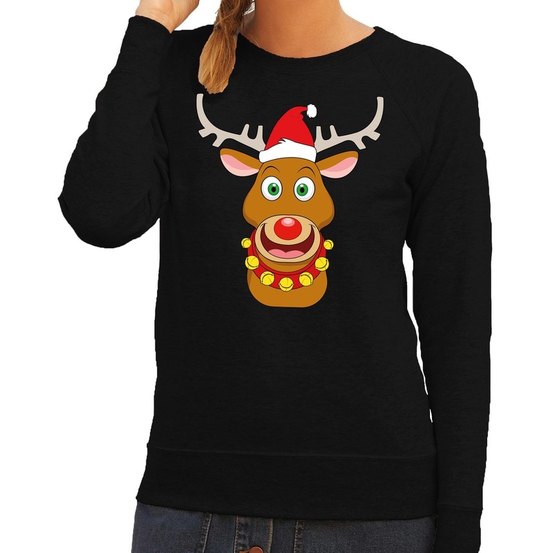 Foute kersttrui - sweater - Rudolf het rendier met rode kerstmuts - zwart - dames - Kersttruien