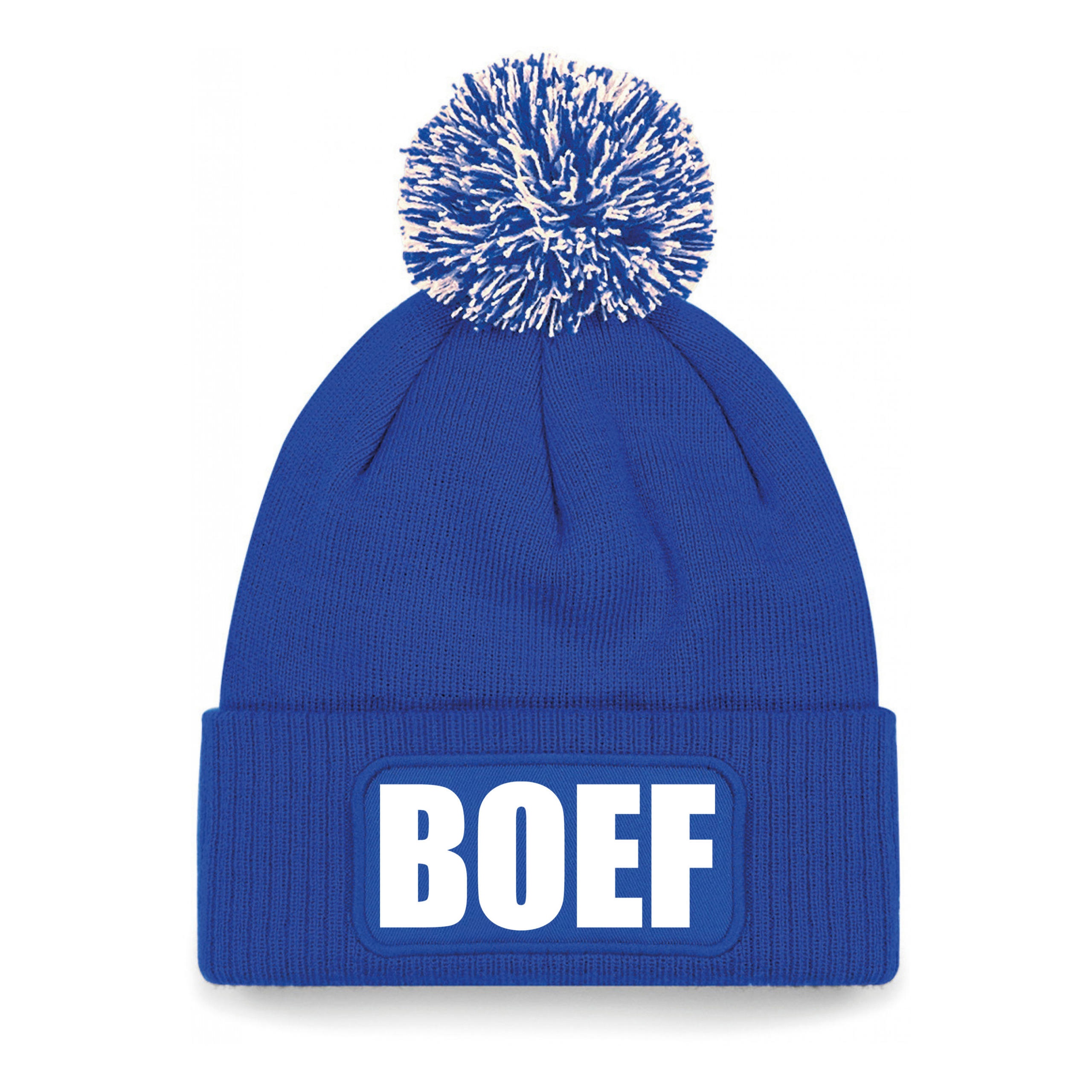 Boef muts/beanie met pompon - onesize - unisex - blauw