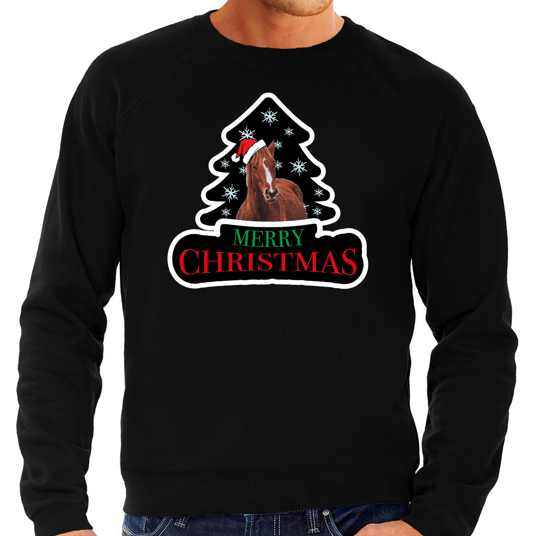 Dieren kersttrui paard - zwart - heren - Foute paarden kerstsweater