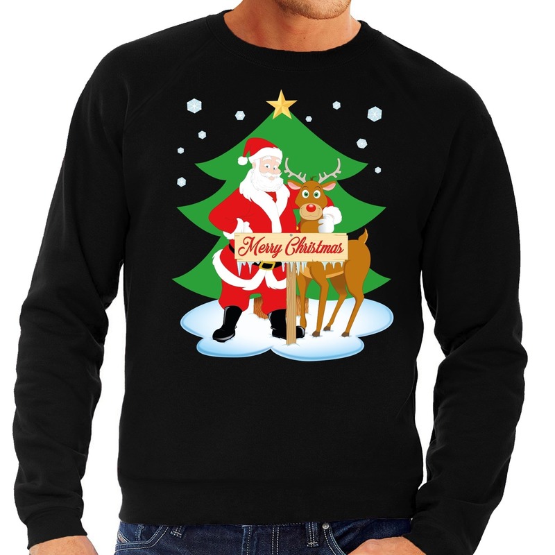 Foute kersttrui - kerstman en rendier Rudolf - zwart - voor heren - kerst sweater