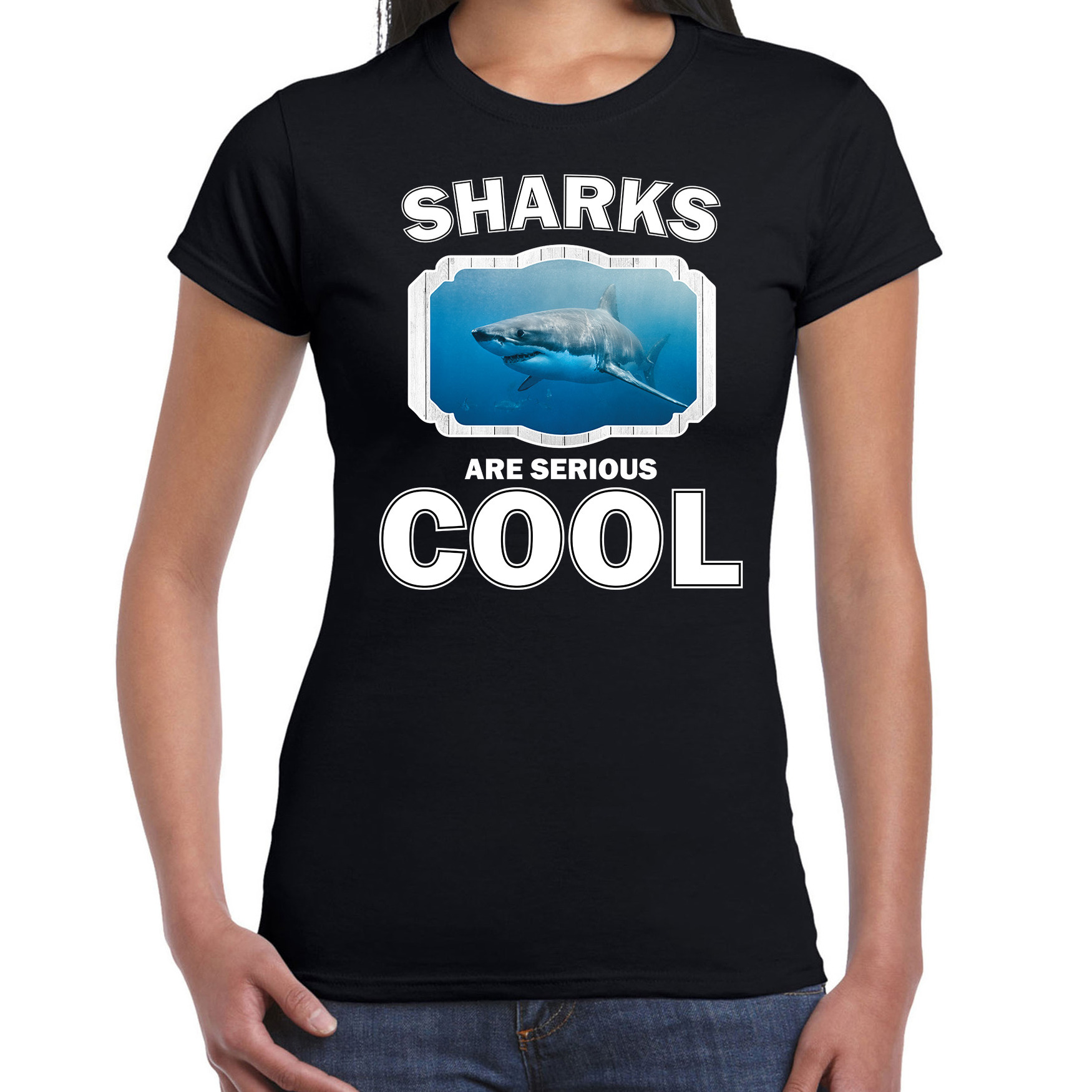 Dieren haaien foto t-shirt - zwart - voor dames - sharks are cool shirt