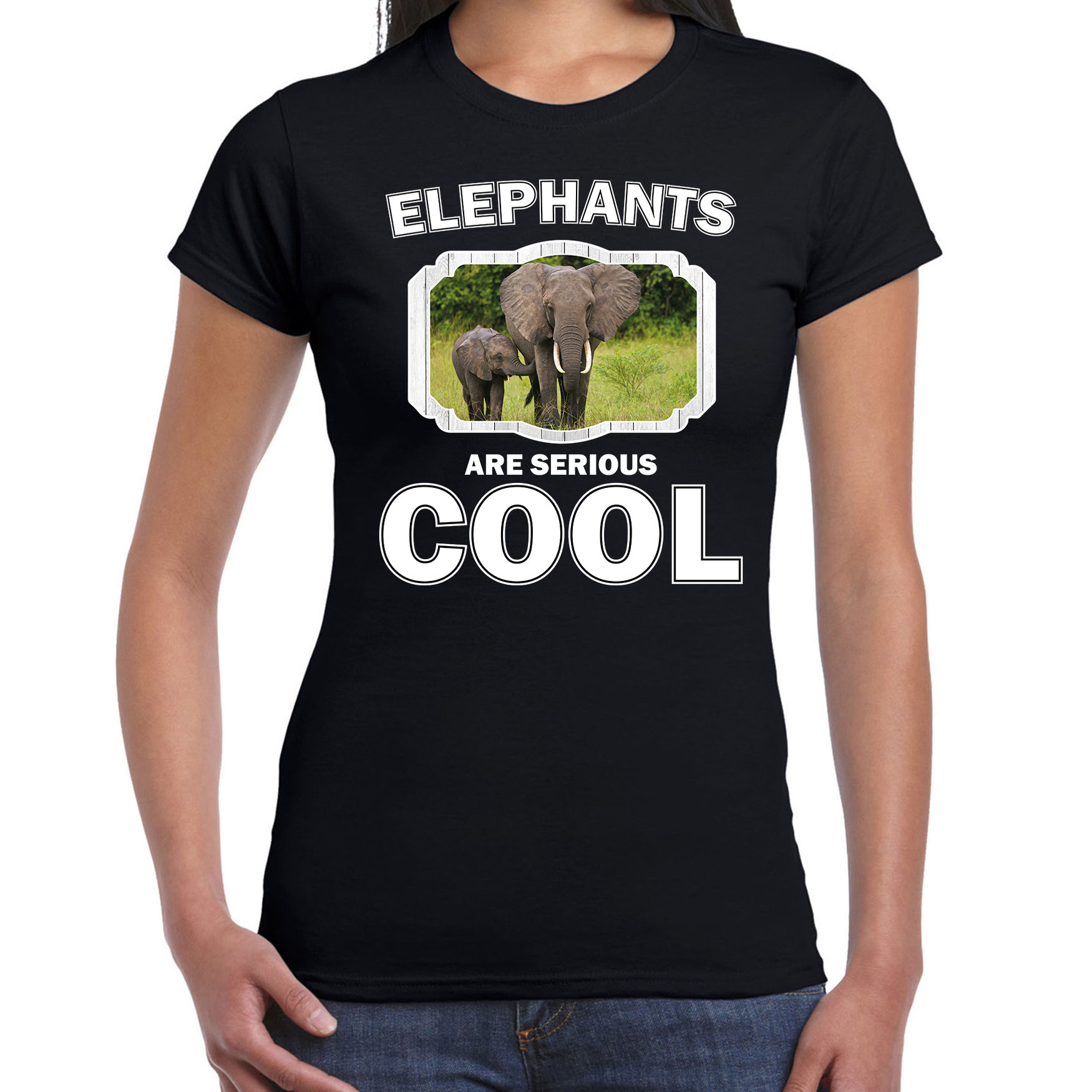Dieren olifant t-shirt zwart dames - elephants are cool shirt - olifant met kalf