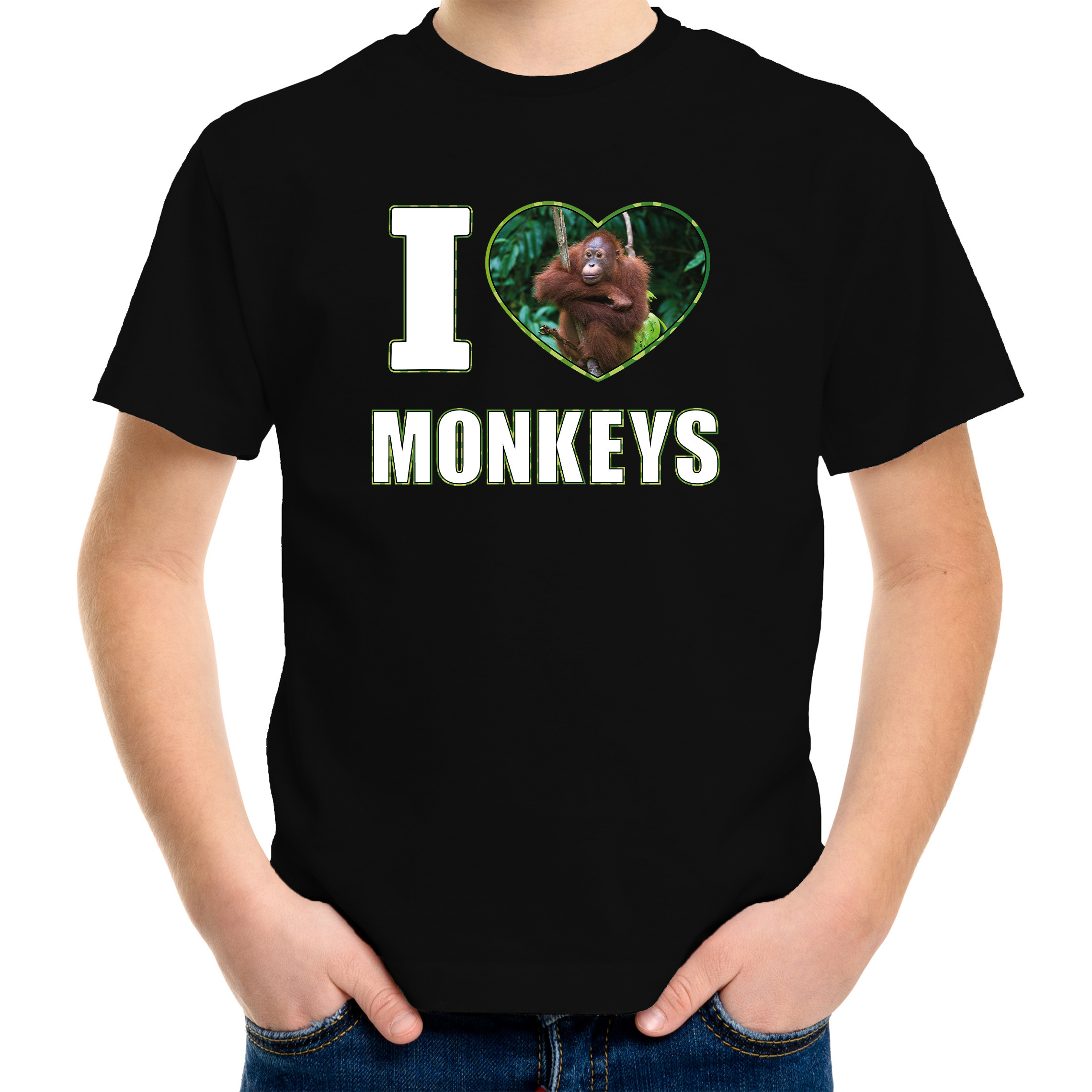 I love monkeys t-shirt met dieren foto van een Orang oetan aap zwart voor kinderen