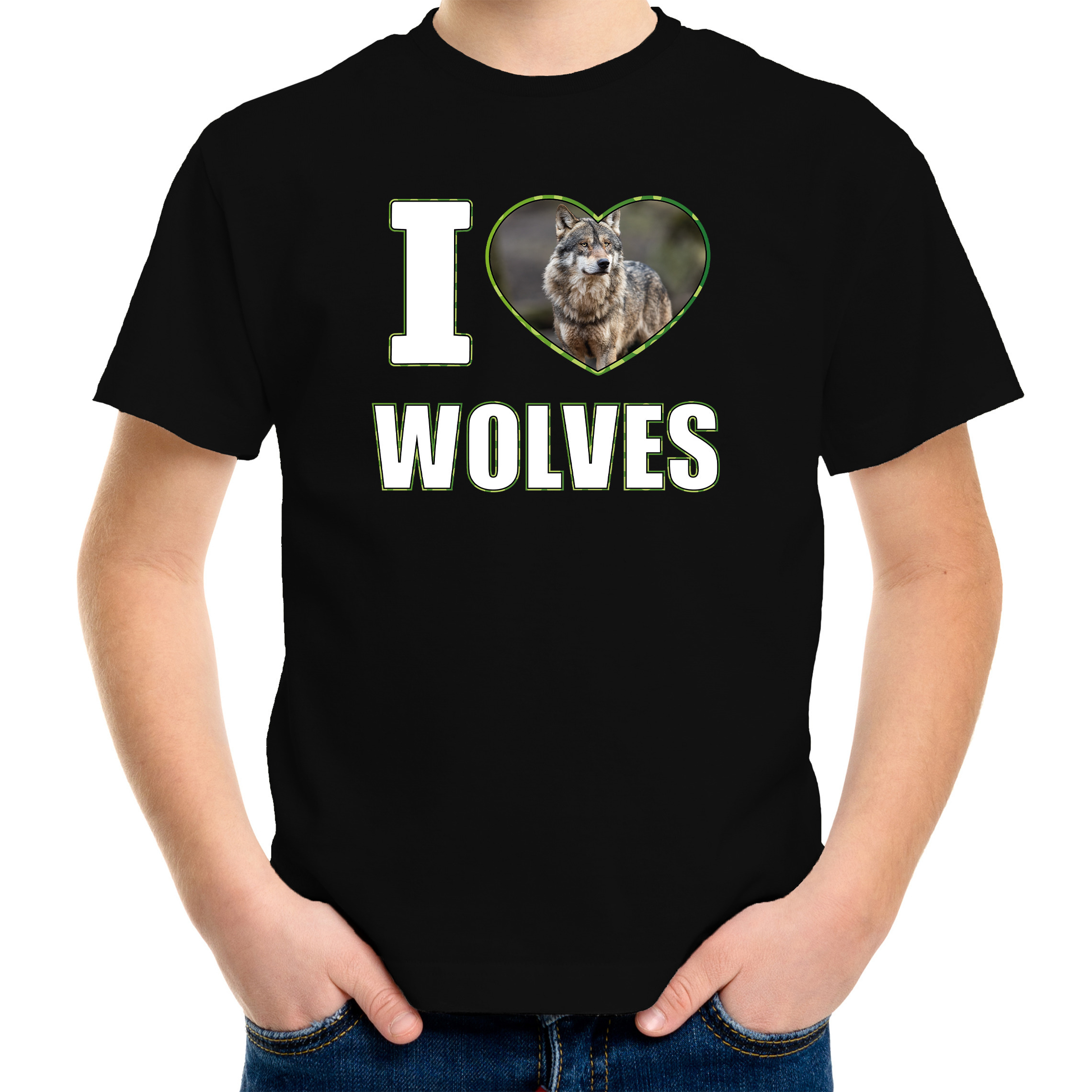 I love wolves t-shirt - met dieren foto - van een wolf - zwart - voor kinderen