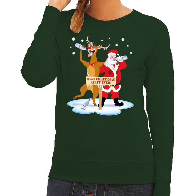 Foute kersttrui - sweater - dronken kerstman en Rudolf - na kerstborrel - groen - voor dames
