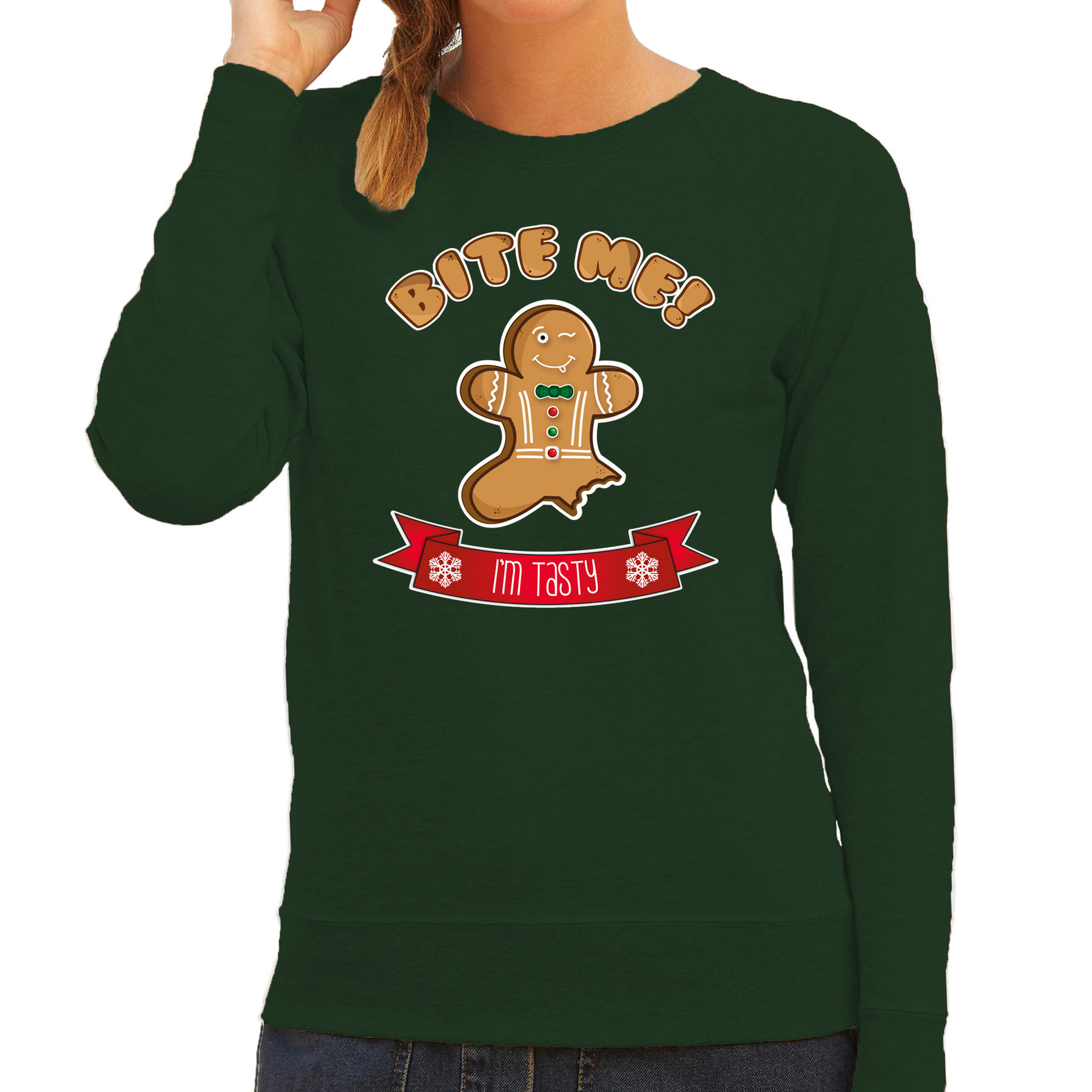 Foute Kersttrui / sweater voor dames - Gingerbread koekemannetje - groen - Bite Me