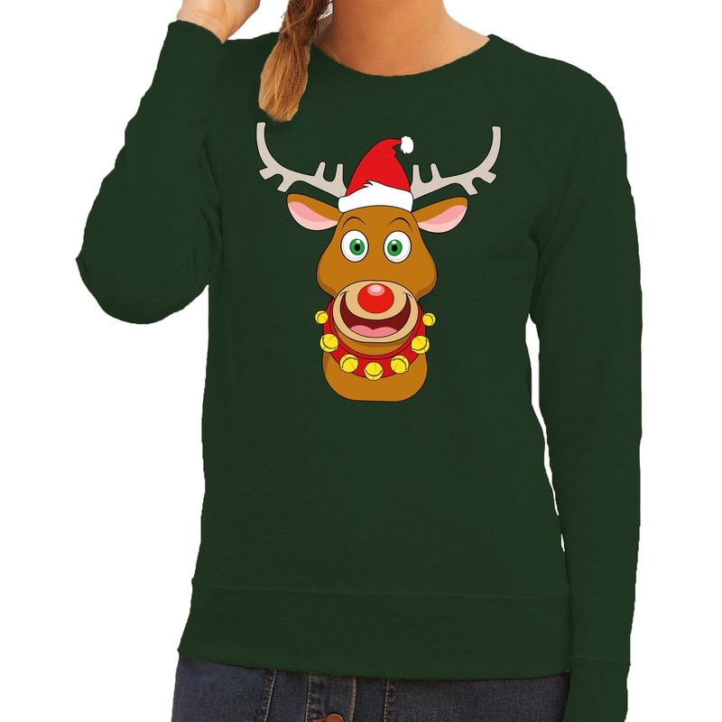 Foute kersttrui - sweater - Rudolf het rendier met rode kerstmuts - groen - dames - Kersttruien