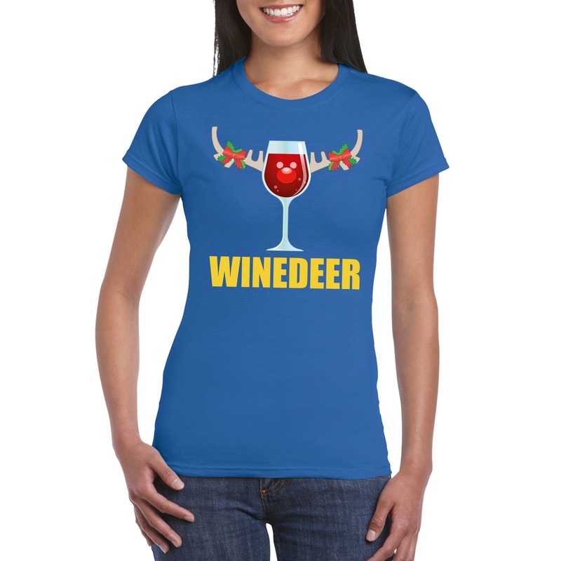 Foute Kerst t-shirts - Wijntje - Winedeer - blauw - voor dames - Kerstkleding truien
