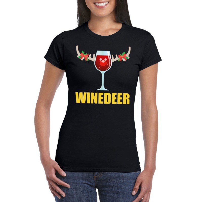 Foute Kerst t-shirts - Wijntje - Winedeer - zwart - voor dames - Kerstkleding truien