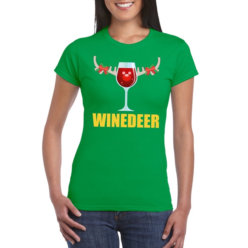 oute Kerst t-shirts - Wijntje - Winedeer - groen - voor dames - Kerstkleding truien