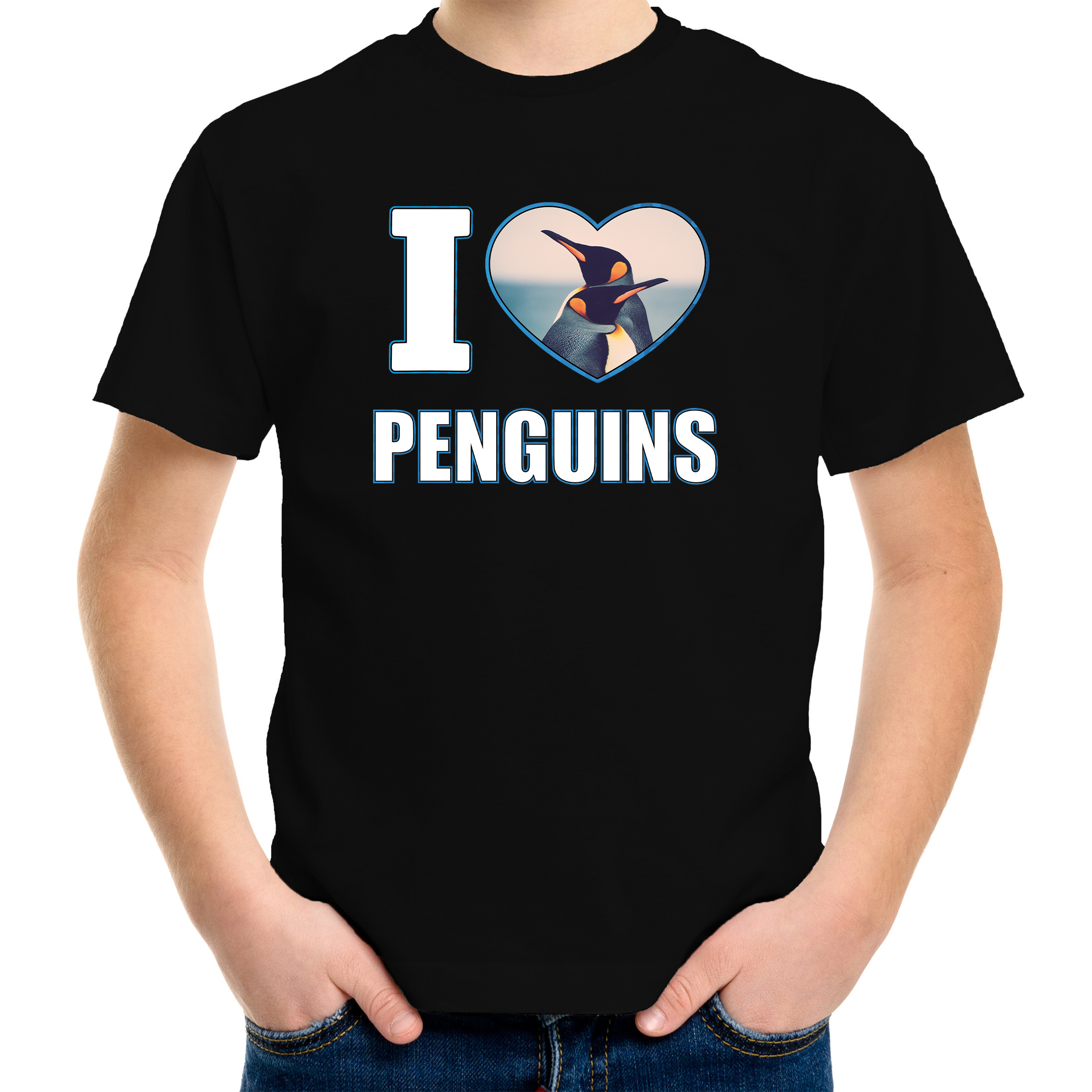 I love penguins t-shirt - met dieren foto van een pinguin - zwart - kinderen