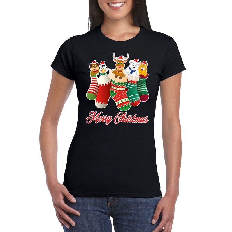Foute Kerst t-shirt - kerstsokken met diertjes - Merry Christmas - zwart - voor dames - kersttruien