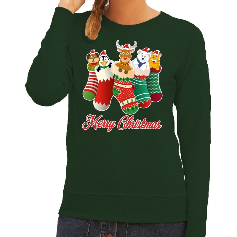 Foute Kersttrui - sweater - kerstsokken met diertjes - Merry Christmas - groen - voor dames