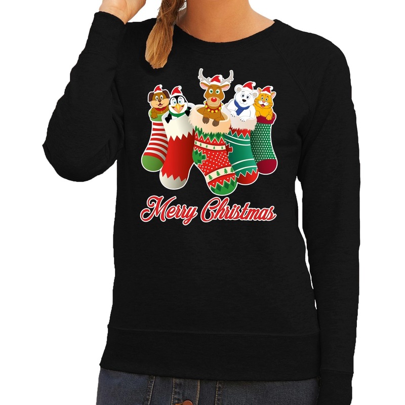 Foute Kersttrui - sweater - kerstsokken met diertjes - Merry Christmas - zwart - voor dames