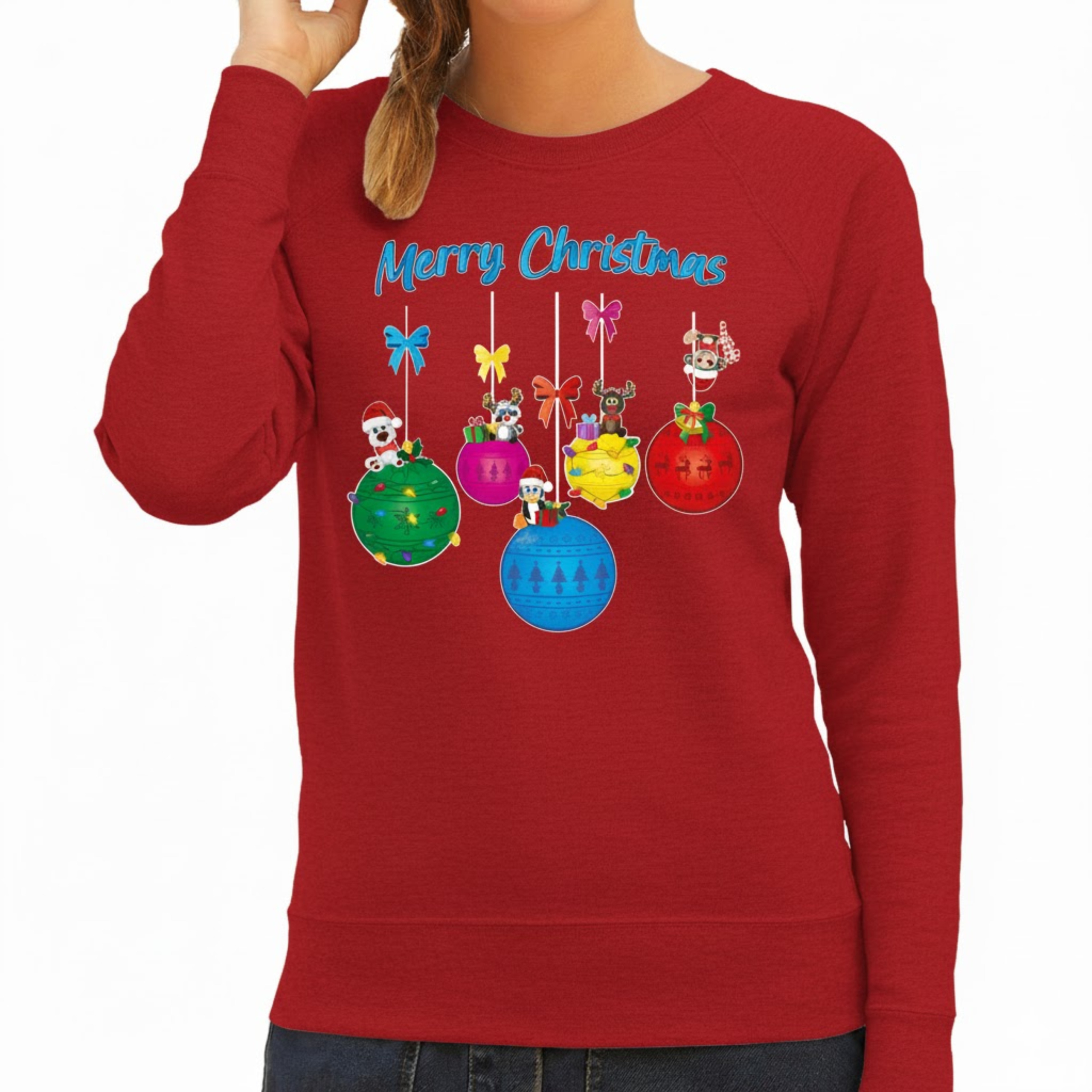 Kersttrui / sweater voor dames - kerstballen - rood - kerstdiertjes - Merry Christmas