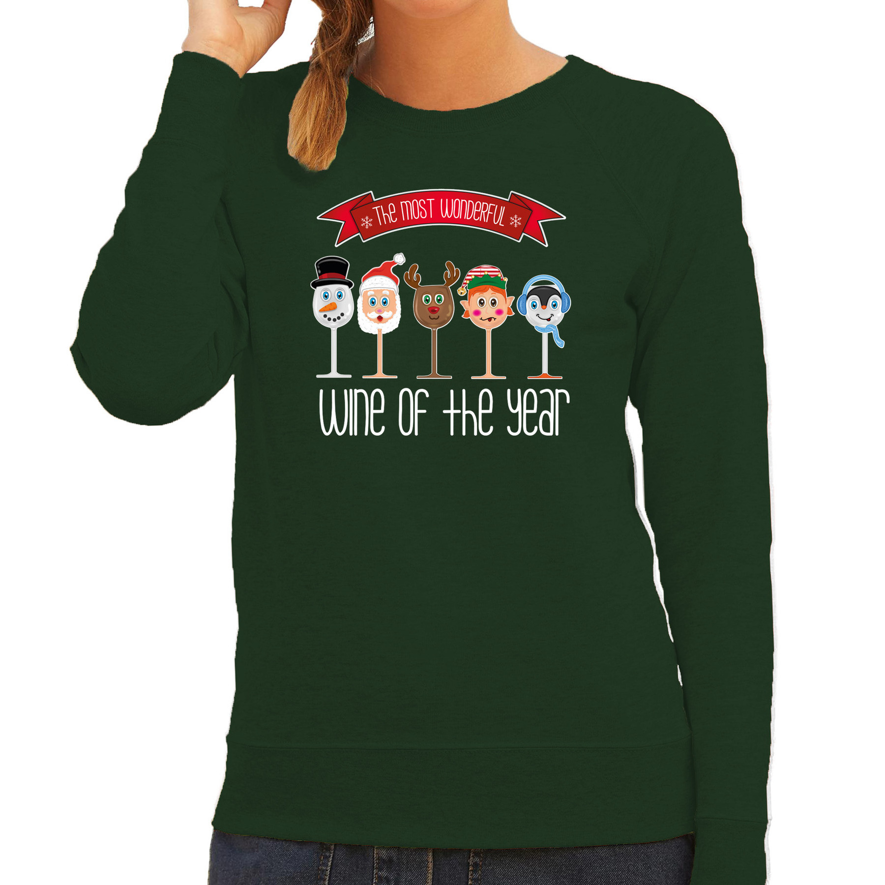 Bellatio Decorations foute kersttrui - sweater - dames - Kerst wijn glazen - groen - drank en wine