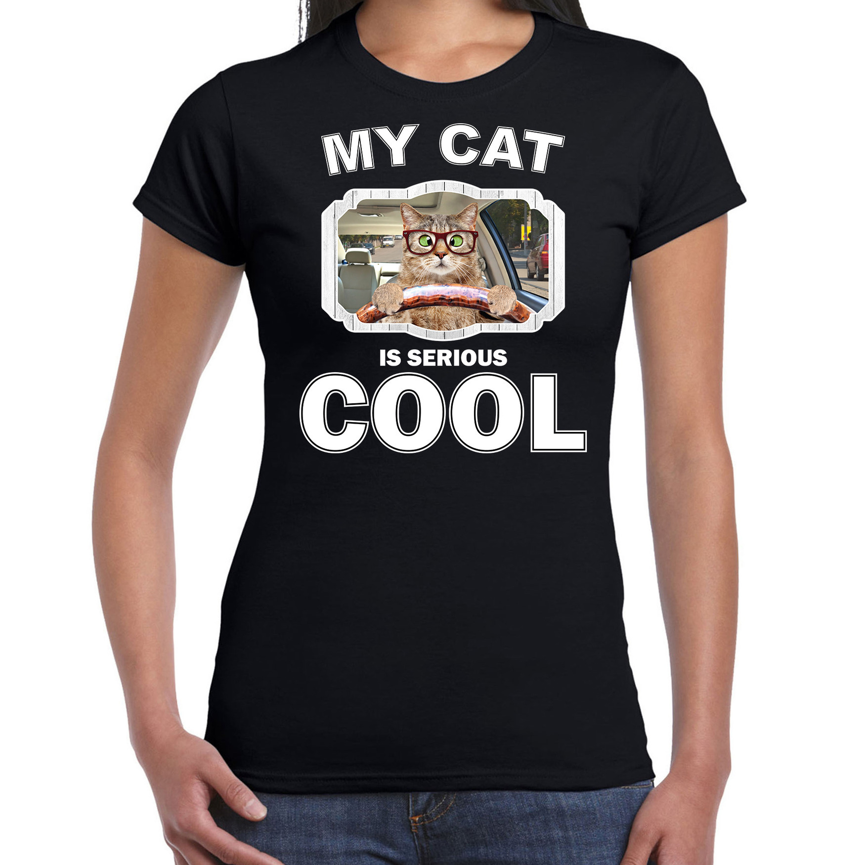 Brildragende rijdende kat katten / poezen t-shirt my cat is serious cool zwart voor dames
