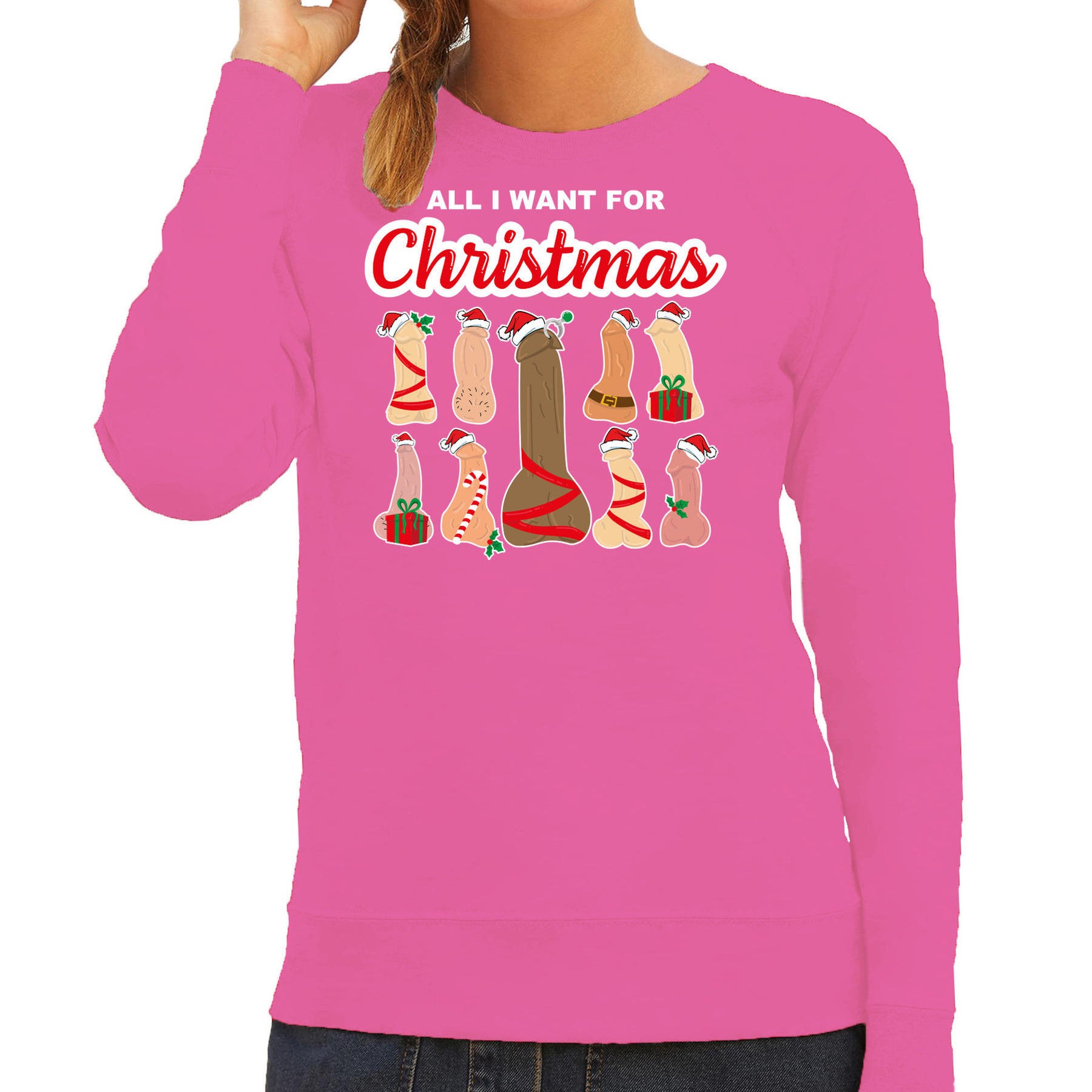 Foute kersttrui - sweater - dames - All I want for Christmas - piemels - roze