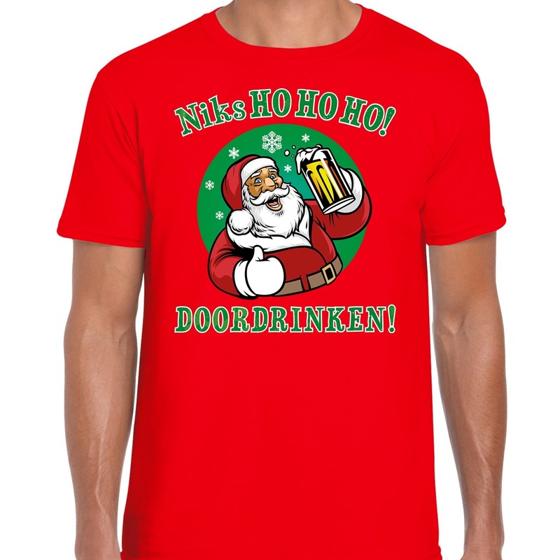 Fout Kerst t-shirt - Bier drinkende Santa ho ho ho - rood - voor heren - kersttruien