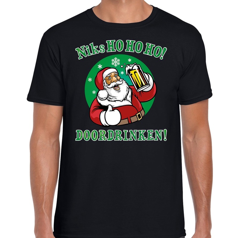 Fout Kerst t-shirt - Bier drinkende Santa ho ho ho - zwart - voor heren - kersttruien