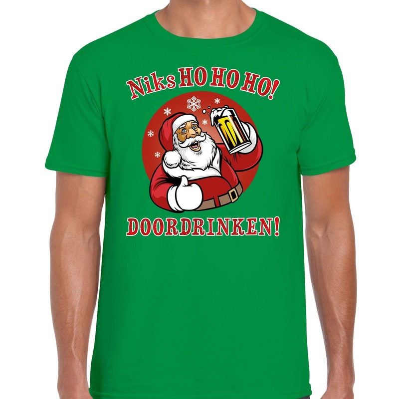 Fout Kerst t-shirt - Bier drinkende Santa ho ho ho - groen - voor heren - kersttruien