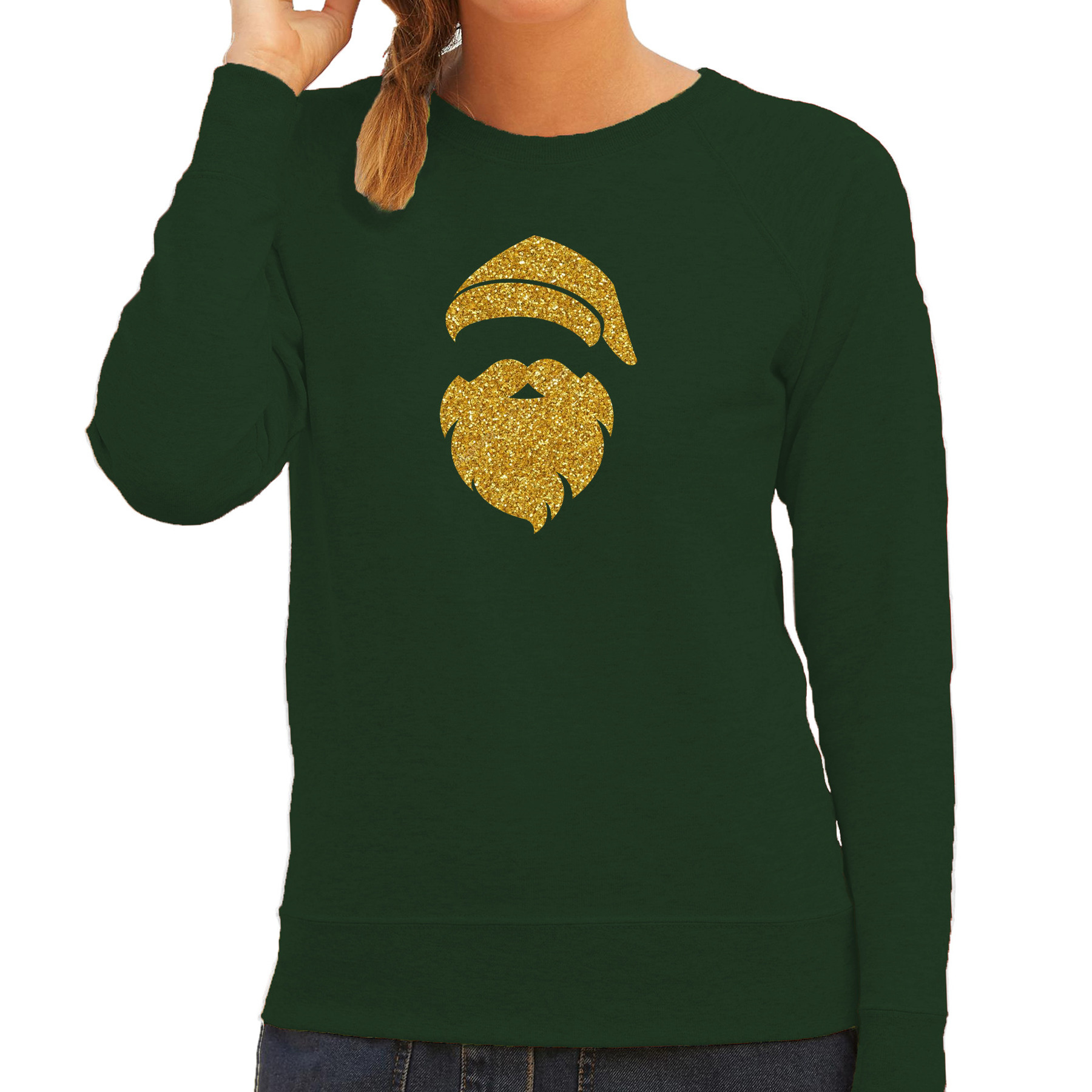 Kerstman hoofd Kerst trui - groen met gouden glitter bedrukking - dames - Kerst sweaters