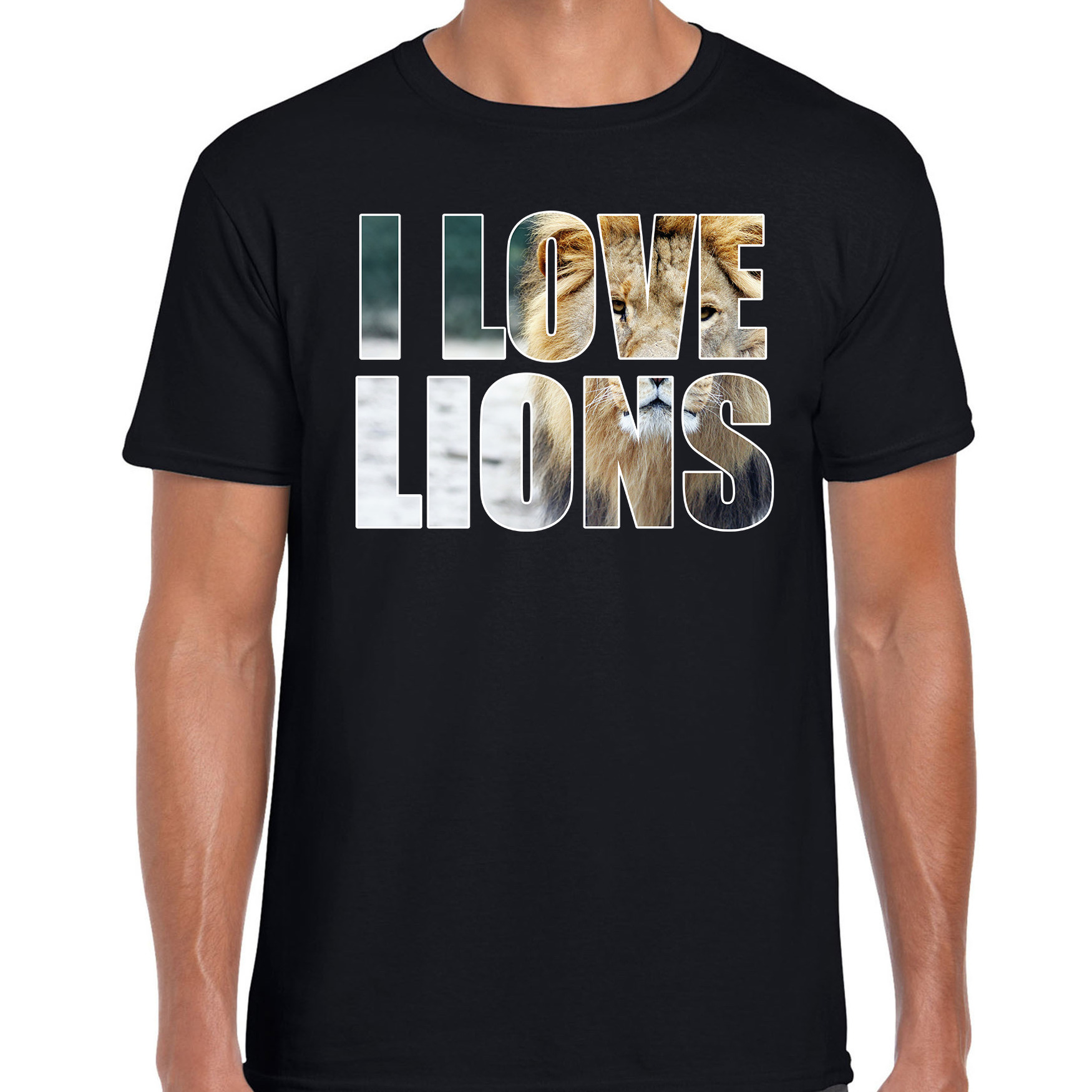 Tekst t-shirt I love lions met dieren foto van een leeuw zwart voor heren