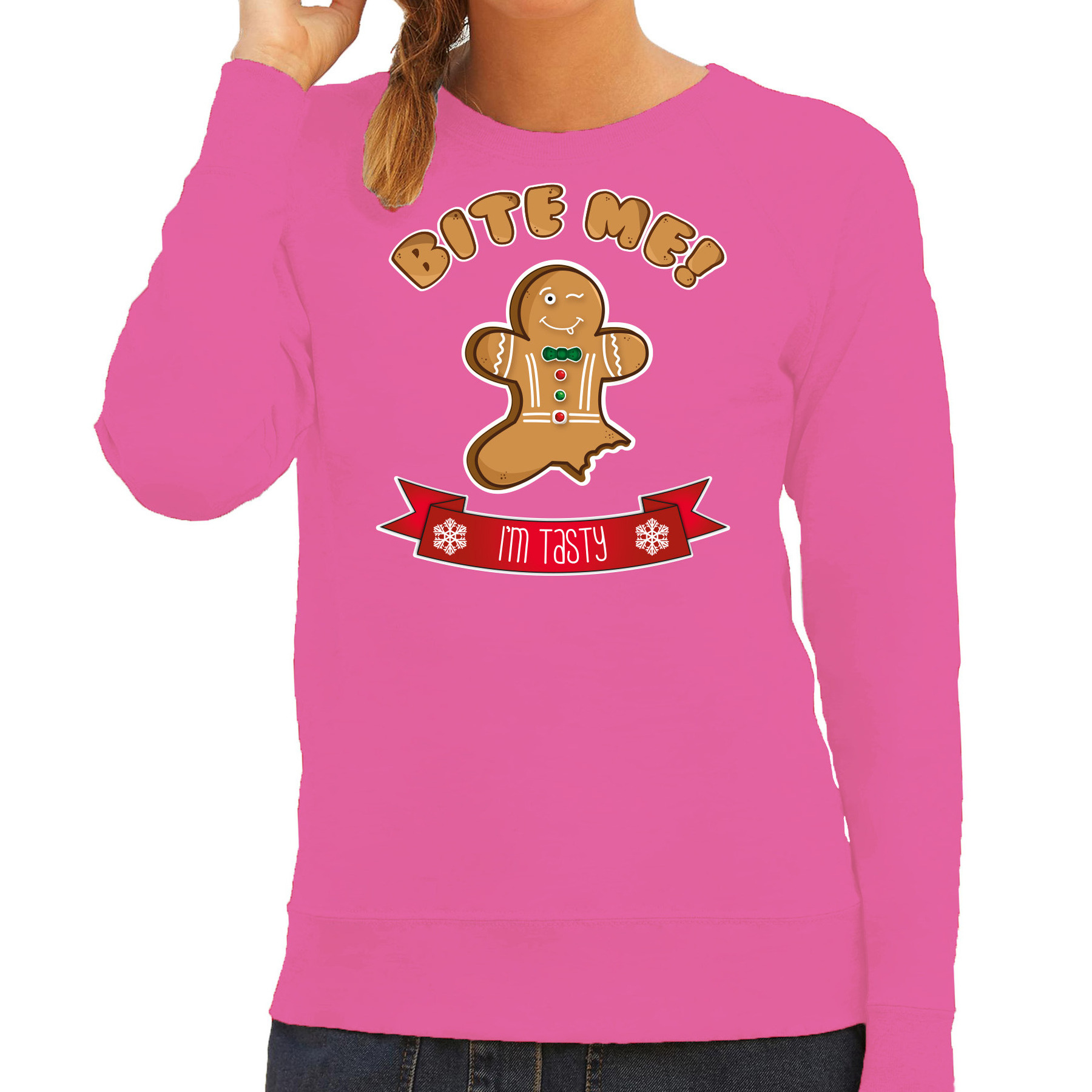 Foute Kersttrui / sweater voor dames - Gingerbread koekemannetje - roze - Bite Me