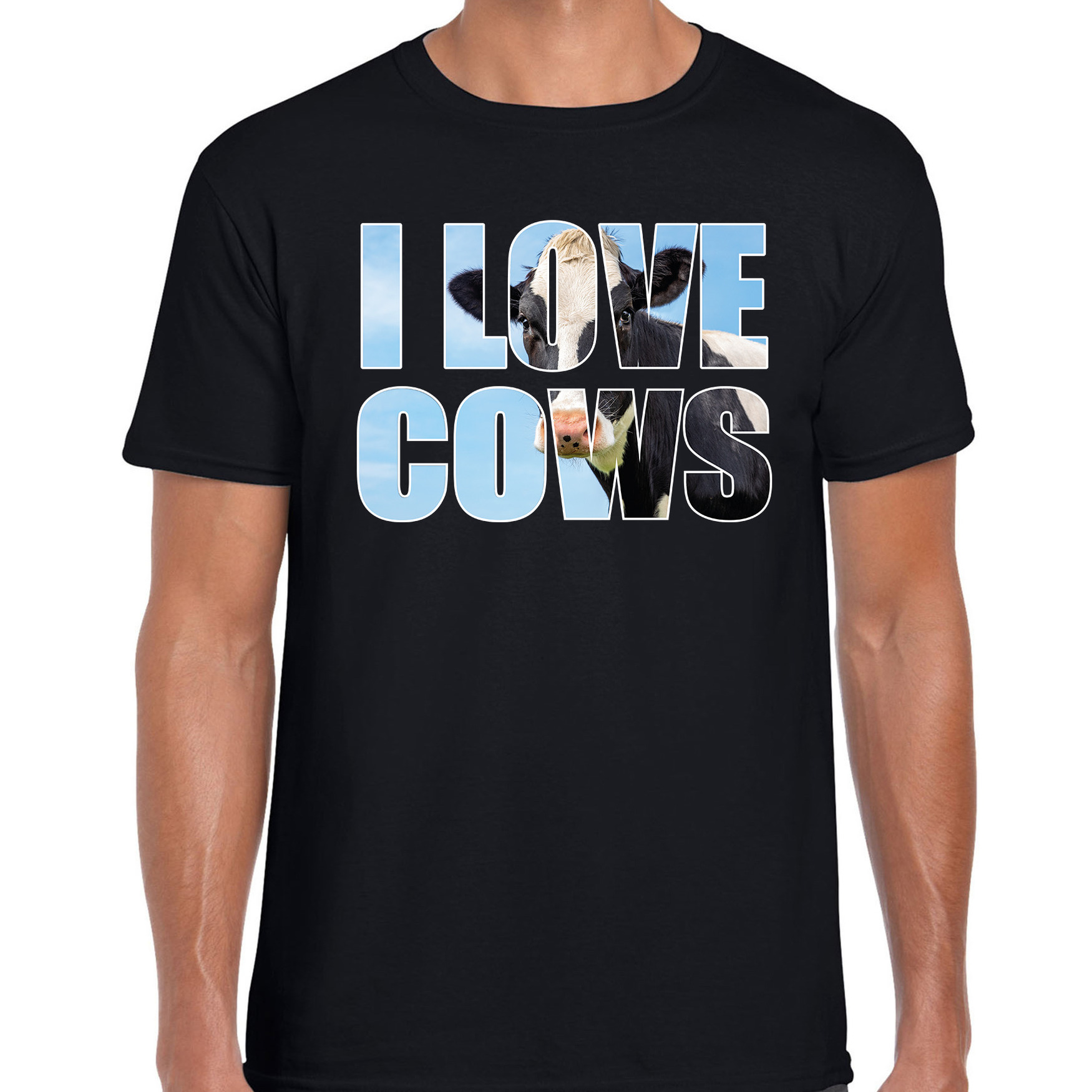 Tekst t-shirt I love cows met dieren foto van een koe zwart voor heren