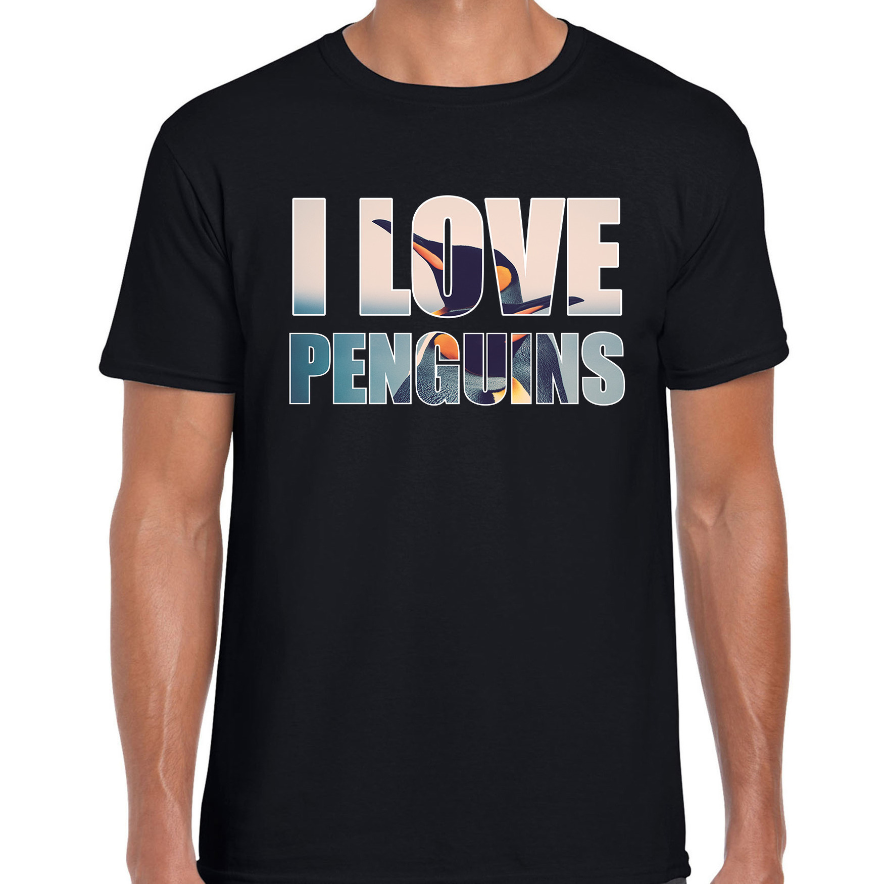 Tekst t-shirt I love penguins met dieren foto van een pinguin zwart voor heren