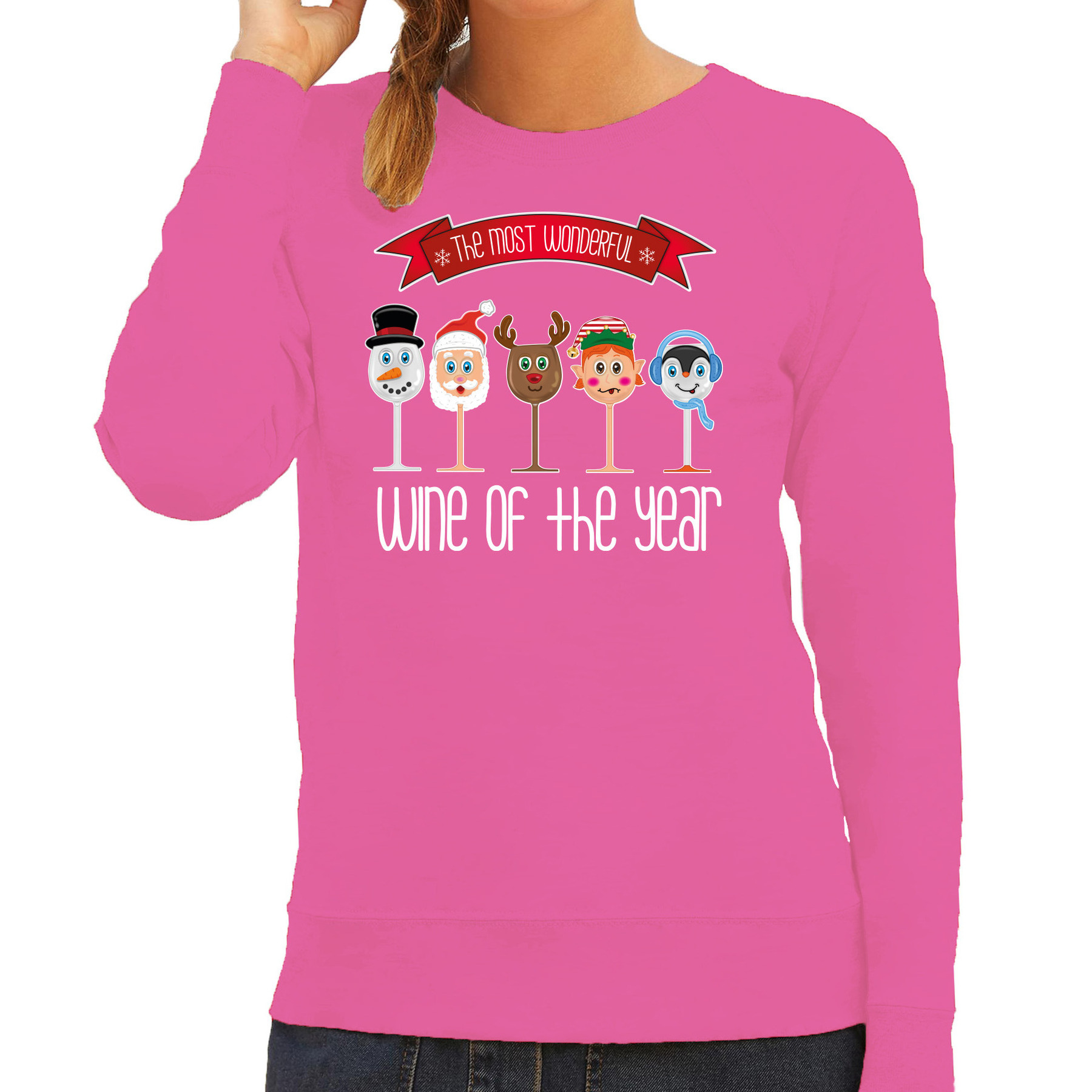 Bellatio Decorations foute kersttrui - sweater - dames - Kerst wijn glazen - roze - drank en wine