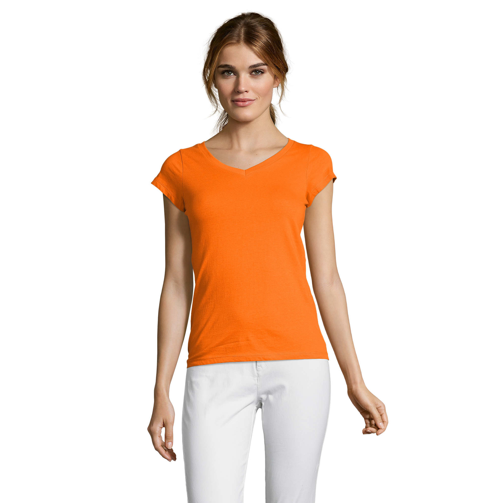 T-shirt - oranje - V-hals - 100% katoen - slim fit - dames shirts