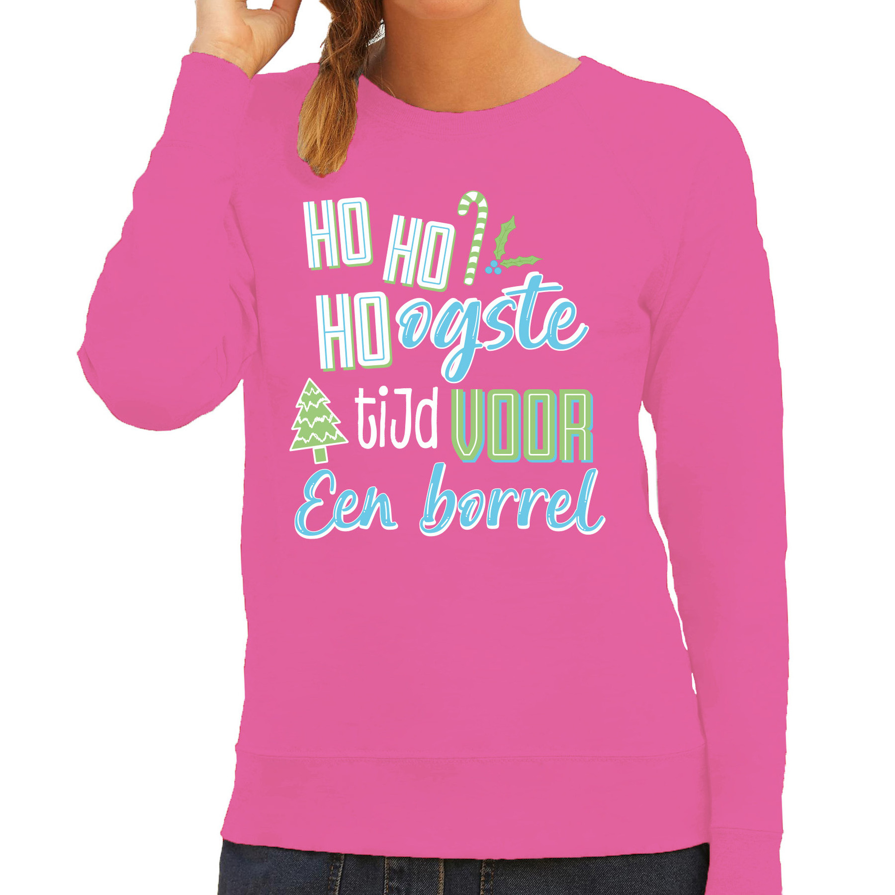 Foute Kersttrui / sweater voor dames - hoho hoogste tijd voor een borrel - roze - vrolijke kerst
