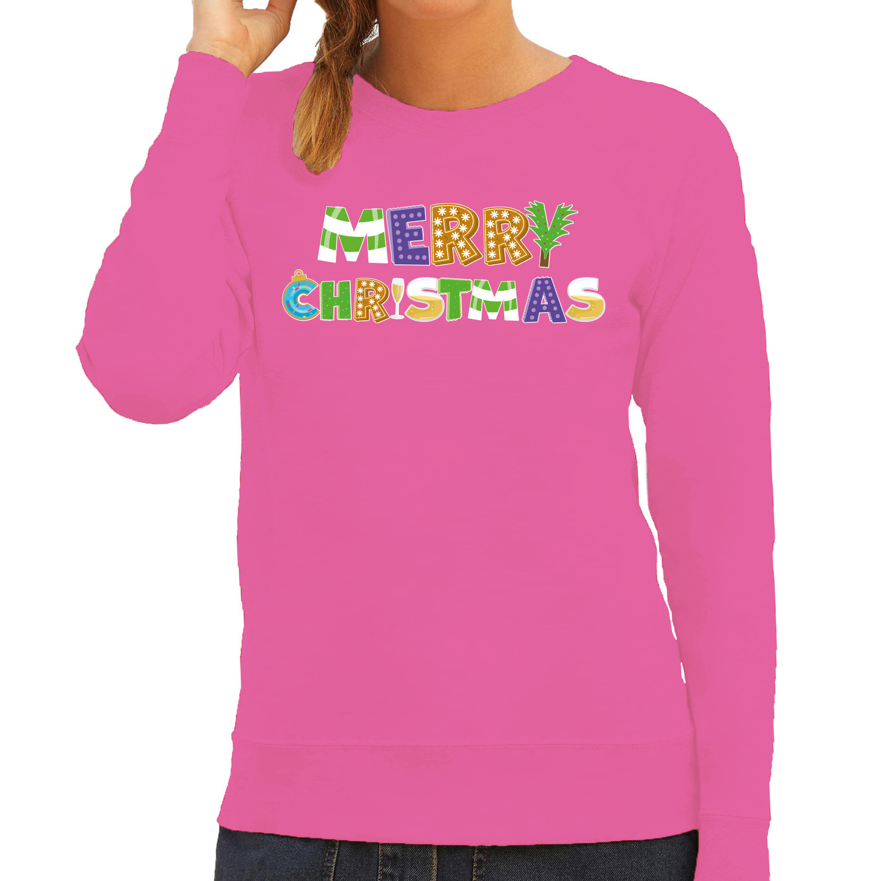 Kersttrui / sweater voor dames - Merry Christmas - roze - vrolijke kerst