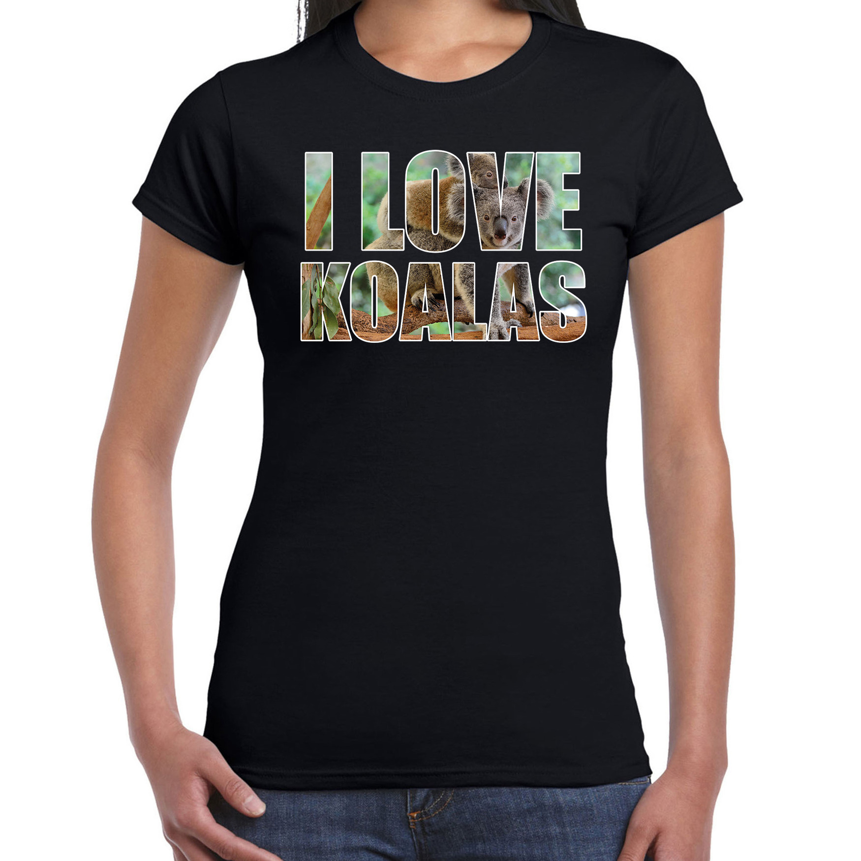 Tekst t-shirt I love koalas met dieren foto van een koala zwart voor dames