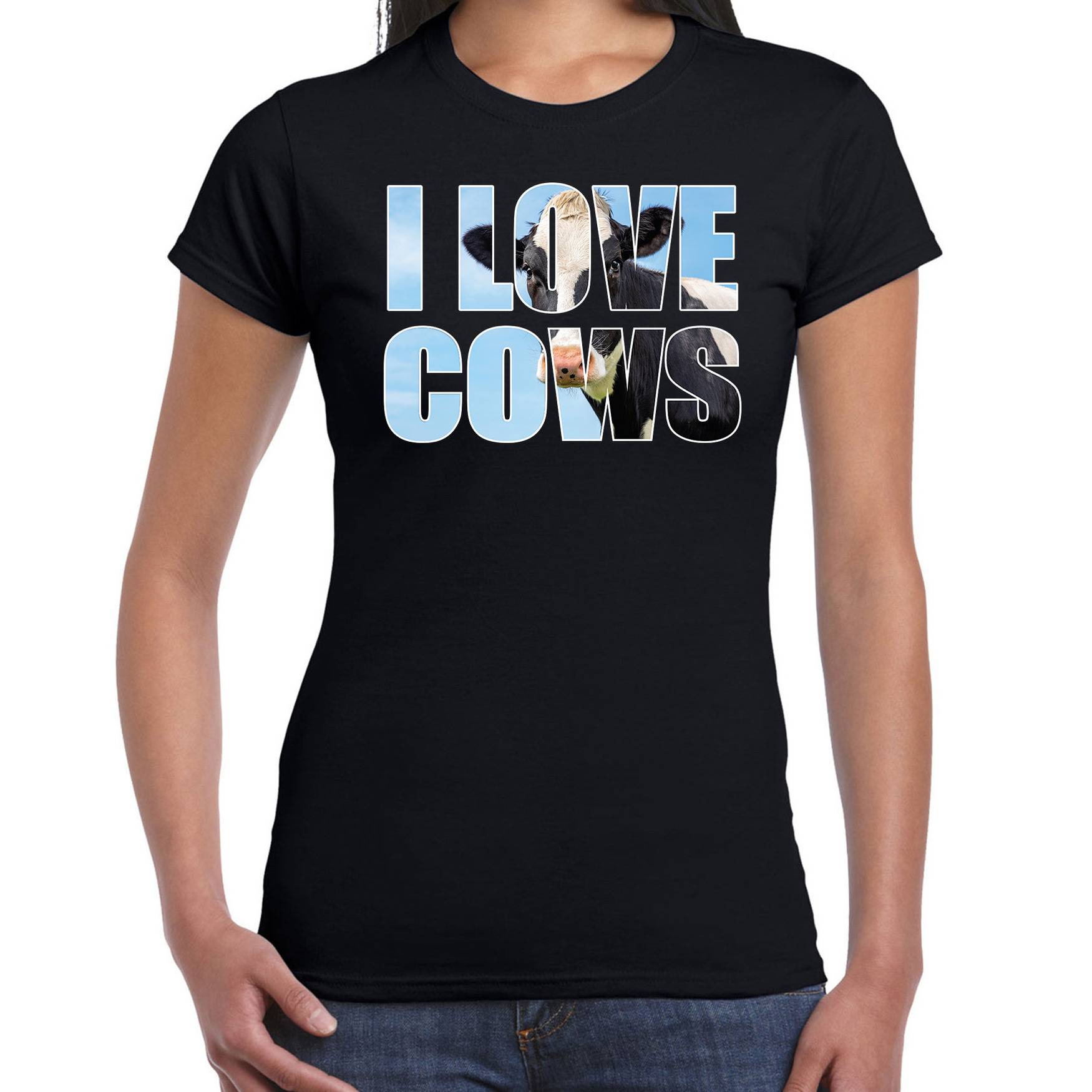 Tekst t-shirt I love cows met dieren foto van een koe zwart voor dames