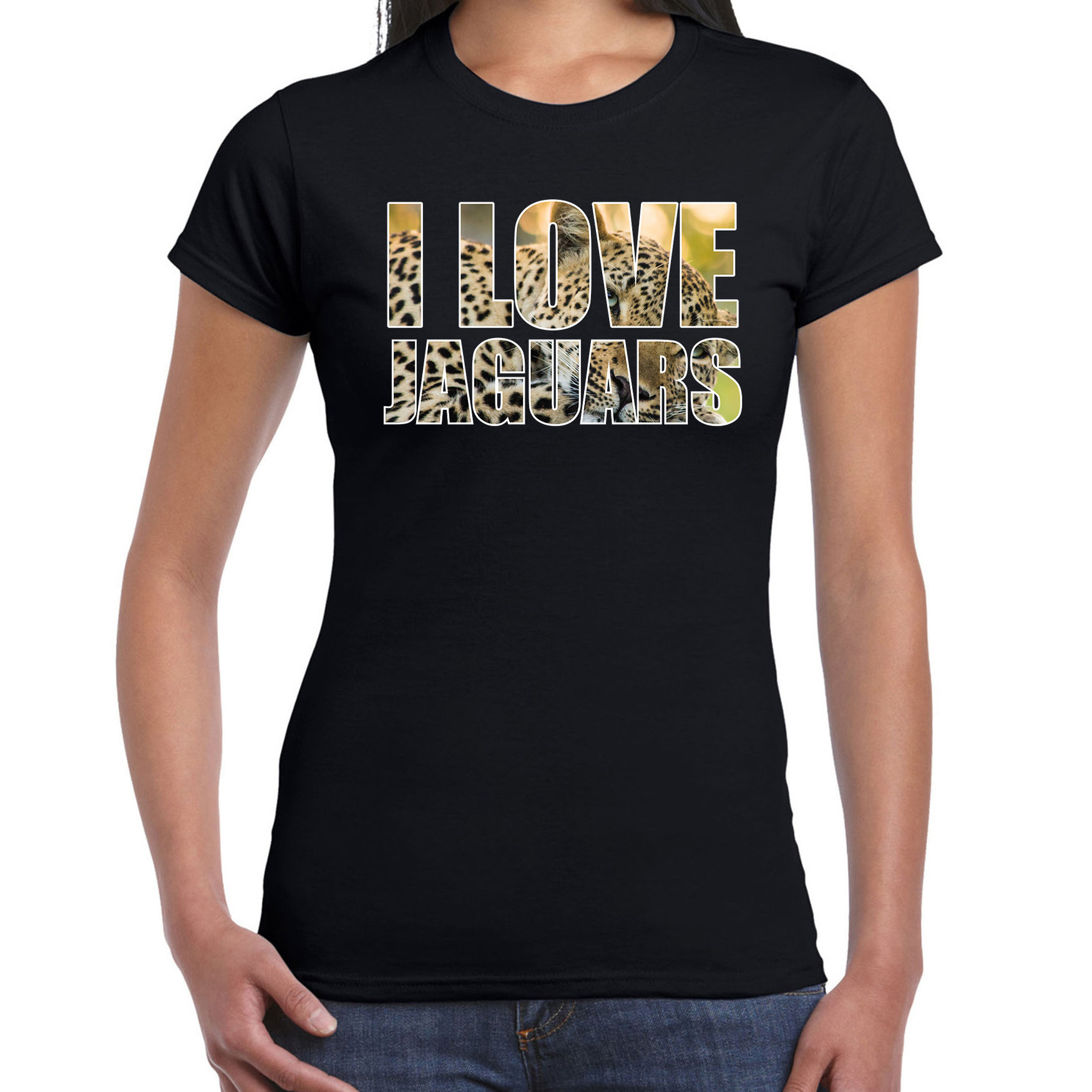 Tekst t-shirt I love jaguars met dieren foto van een jaguar zwart voor dames