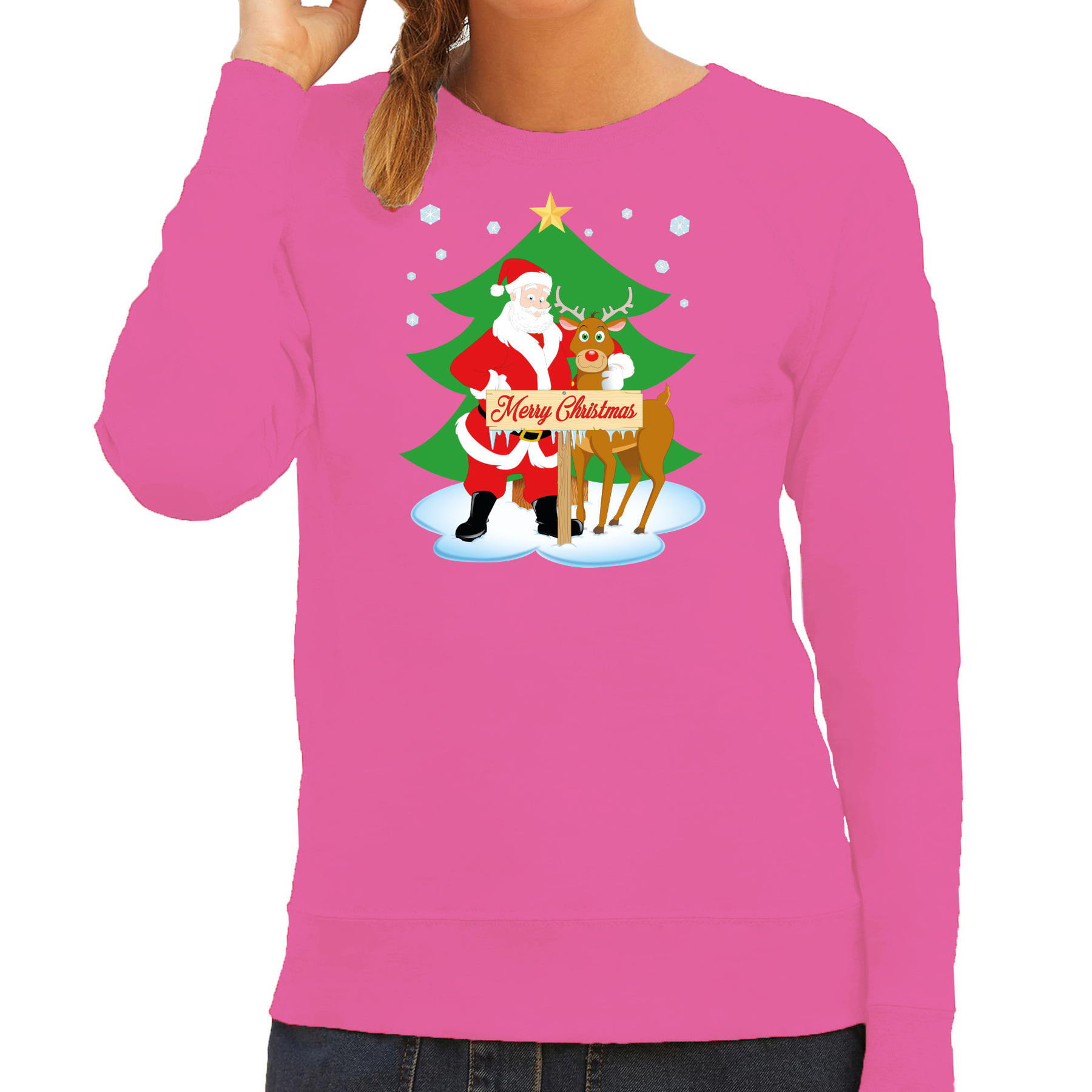 Foute kersttrui - sweater - De kerstman en rendier Rudolf - roze - voor dames